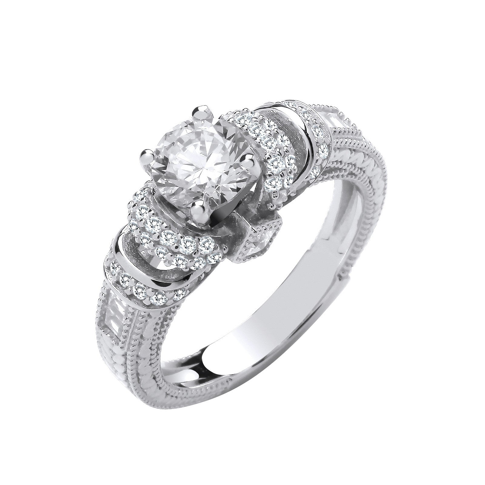 Sterling Silver Vintage Look, Milgrain Shank Solitaire Cubic Zirconia Ring