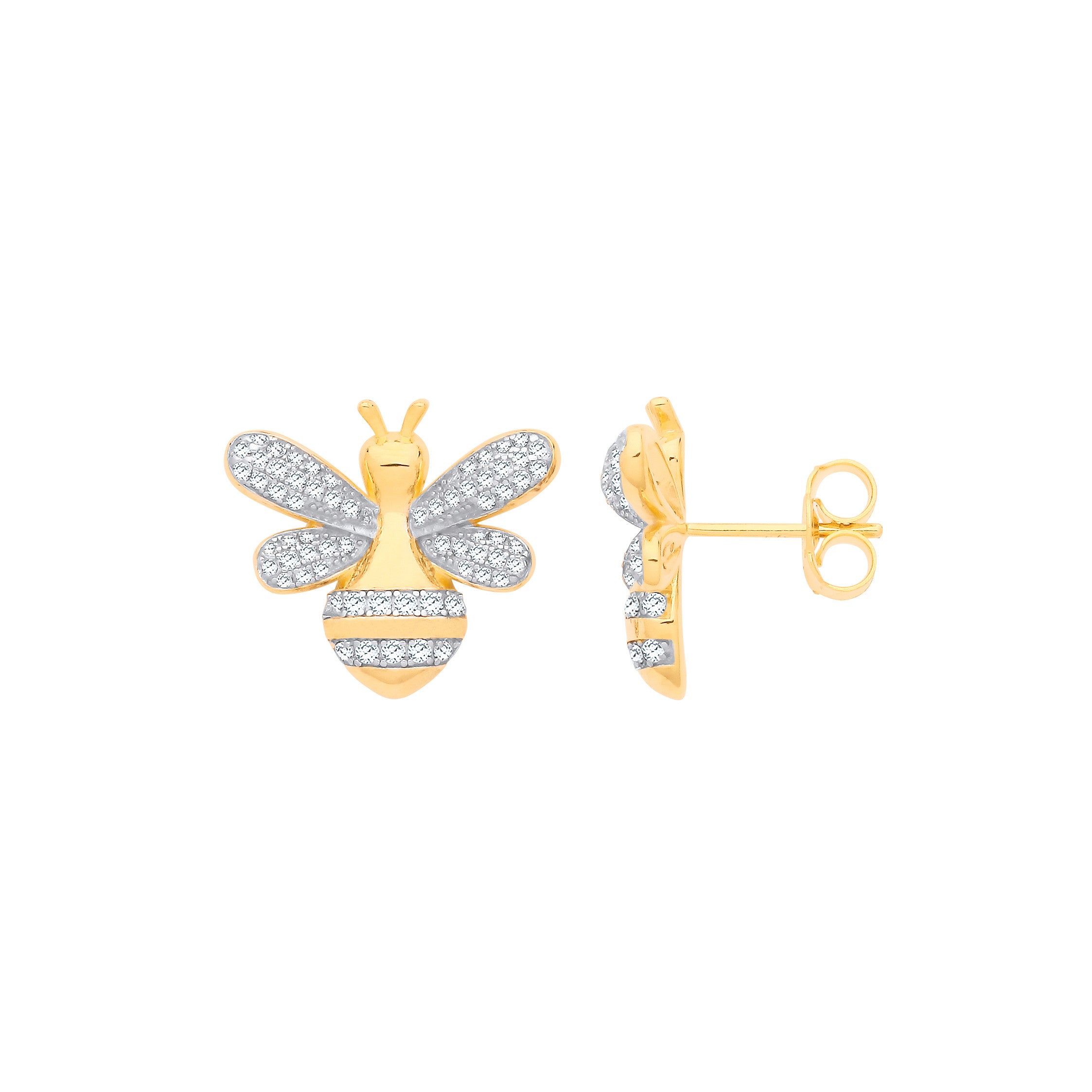 Sterling Silver Gold plated Cubic Zirconia Bumblebee Stud Earrings