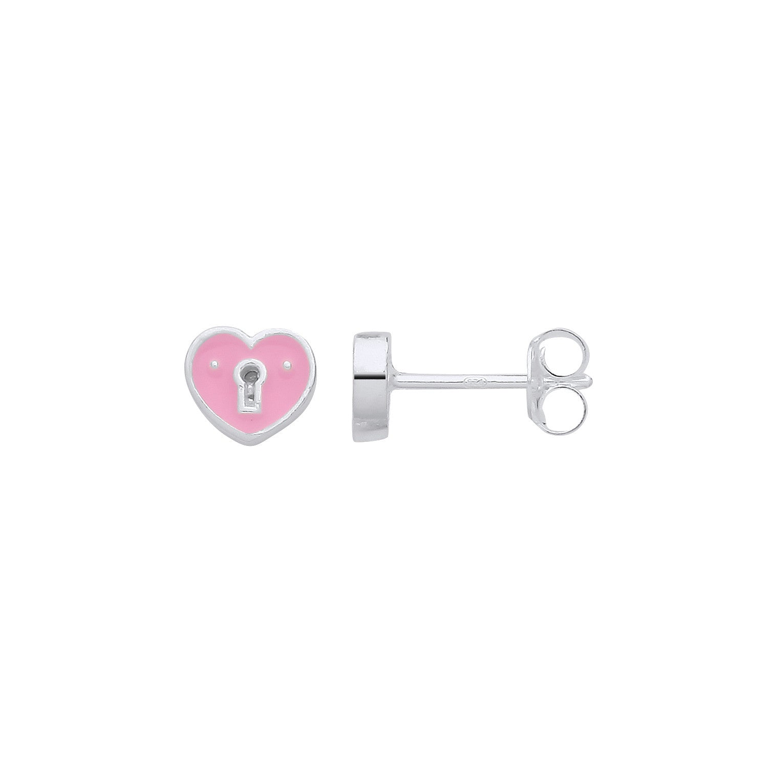 Sterling Silver Pink Enamel Heart Keyhole Stud Earrings