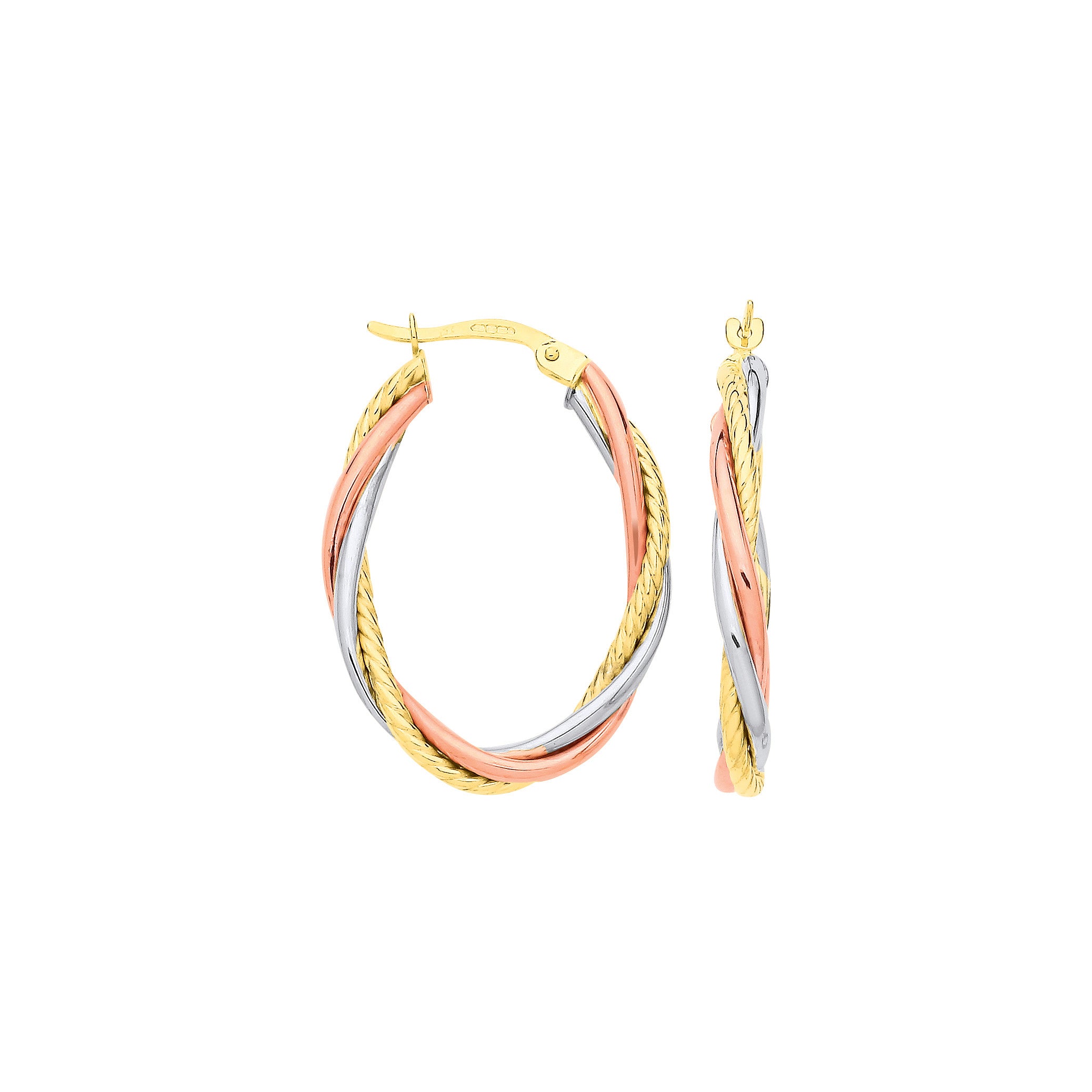 9ct Yellow, White & Red Gold Russian Wedding Oval Hoop Earrings