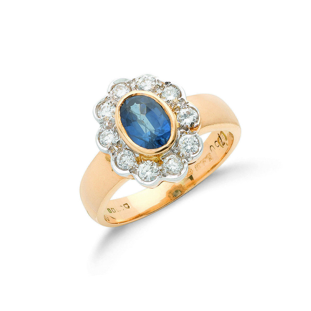 18ct Yellow Gold 0.35ct Diamond & 0.80ct Blue Sapphire Cluster Ring