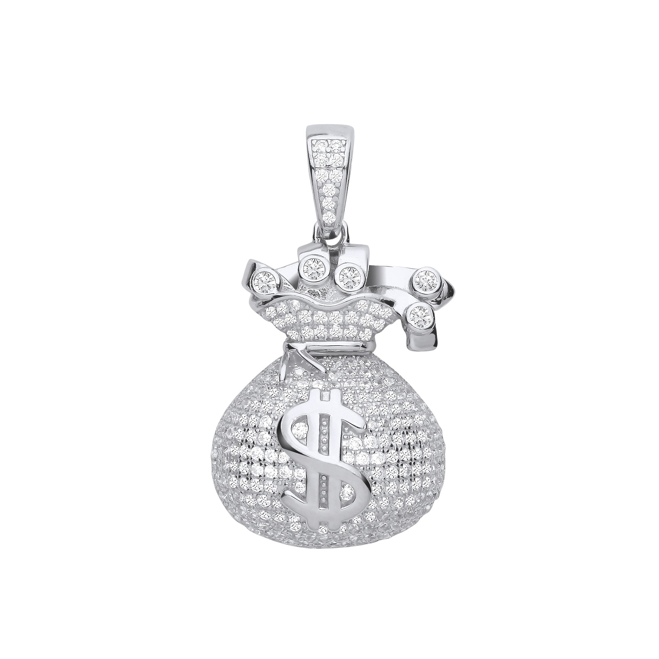 Sterling Silver $ Money Bag Cubic Zirconia Hollow Pendant