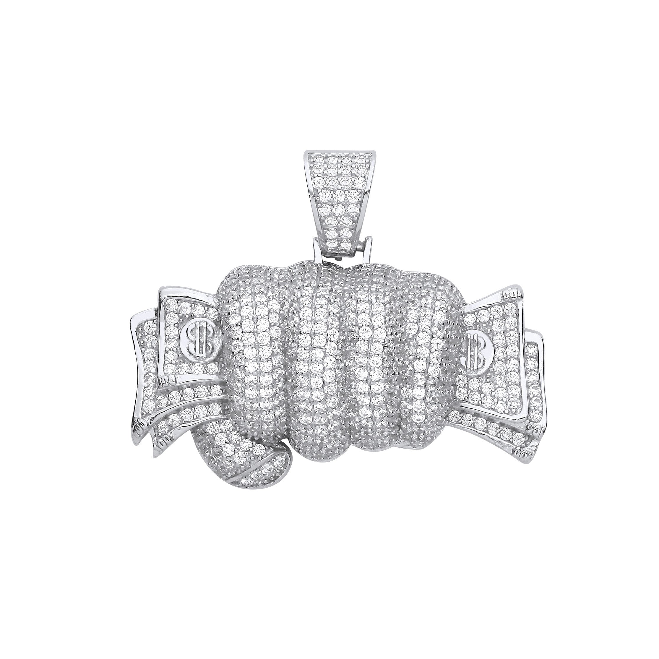 Sterling Silver Fist Full of Cash Cubic Zirconia Hollow Pendant