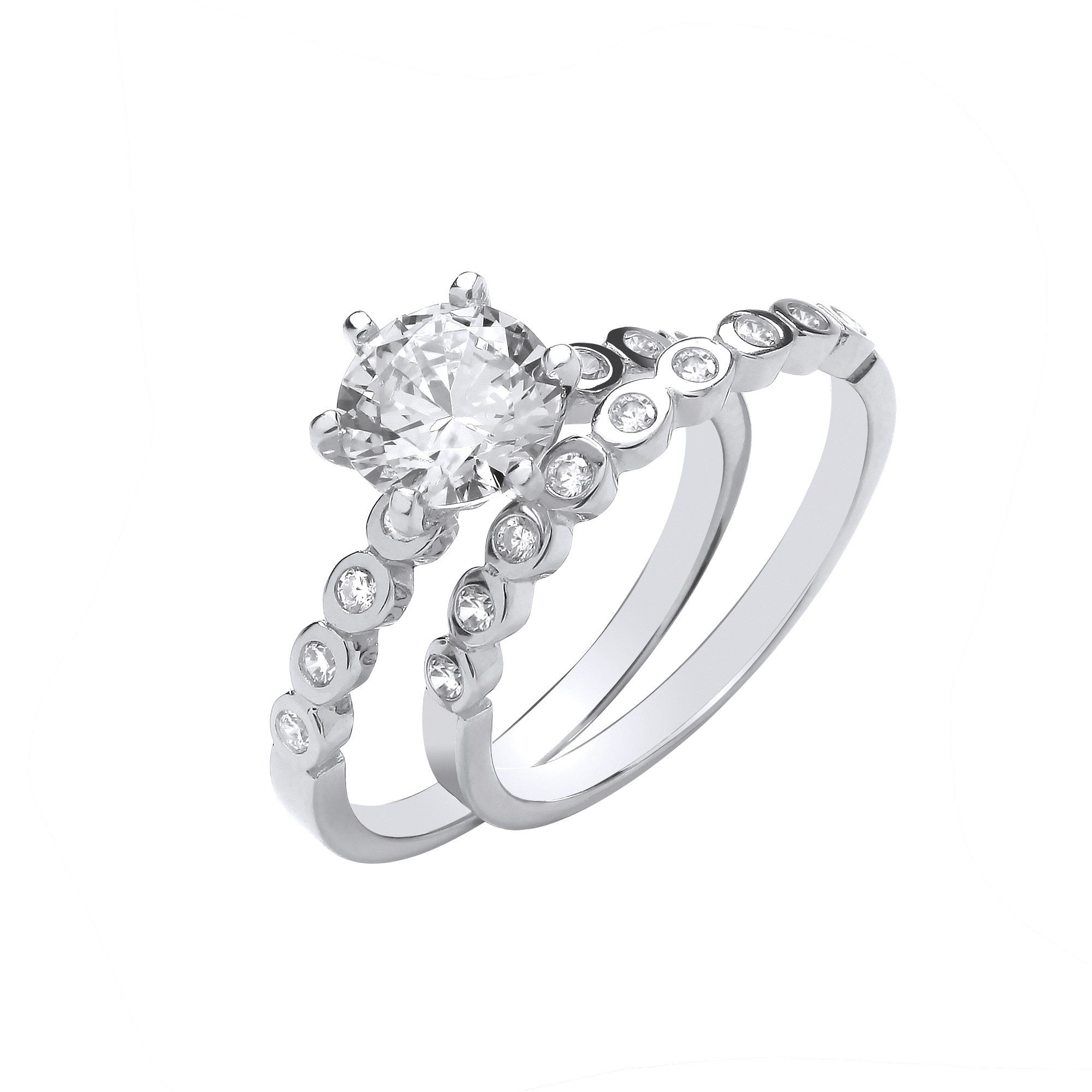 Sterling Silver Bridal Set Big Cubic Zirconia & Rubover Half Eternity Ring