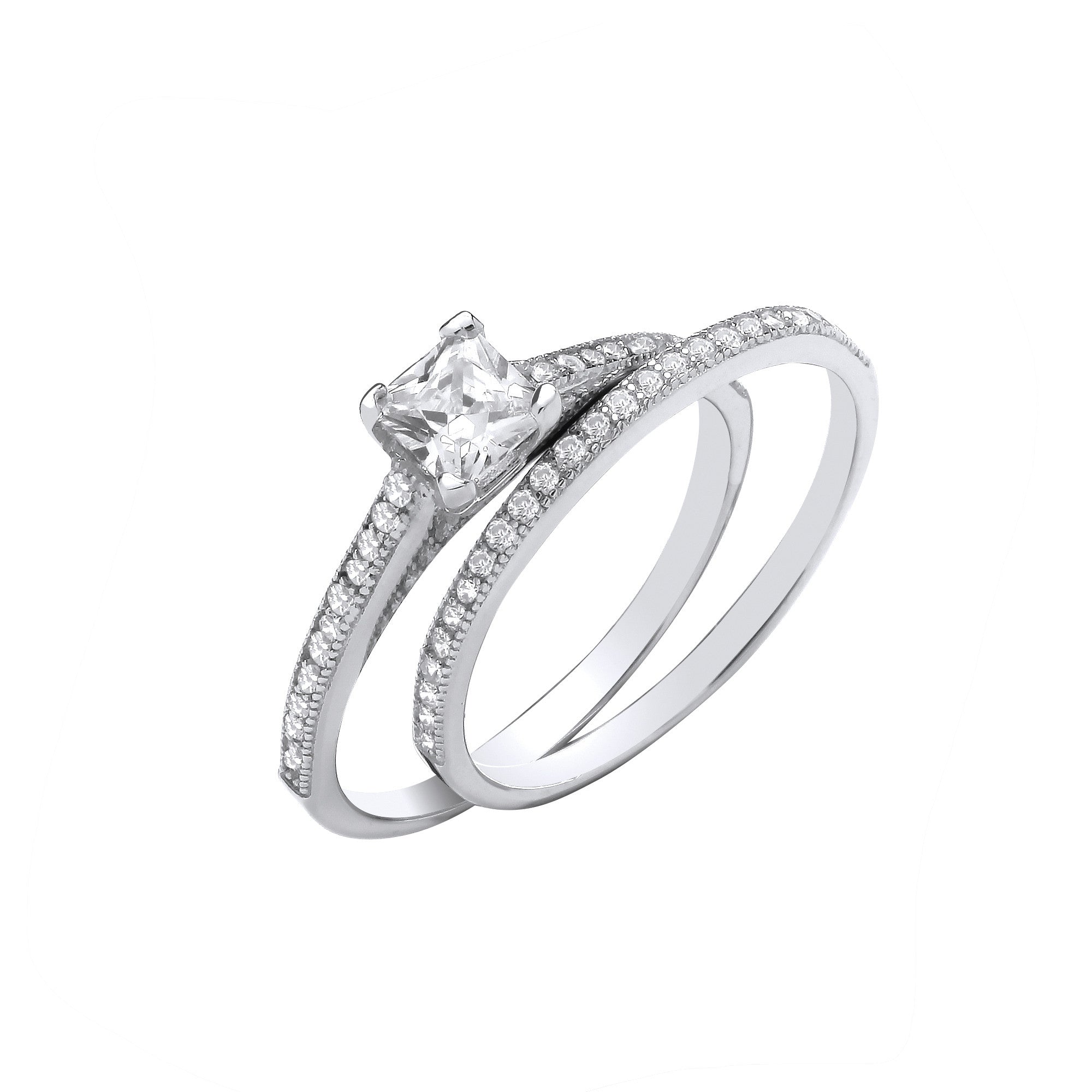 Sterling Silver Bridal Set Princess Cut Centre Cubic Zirconia Half Eternity Ring