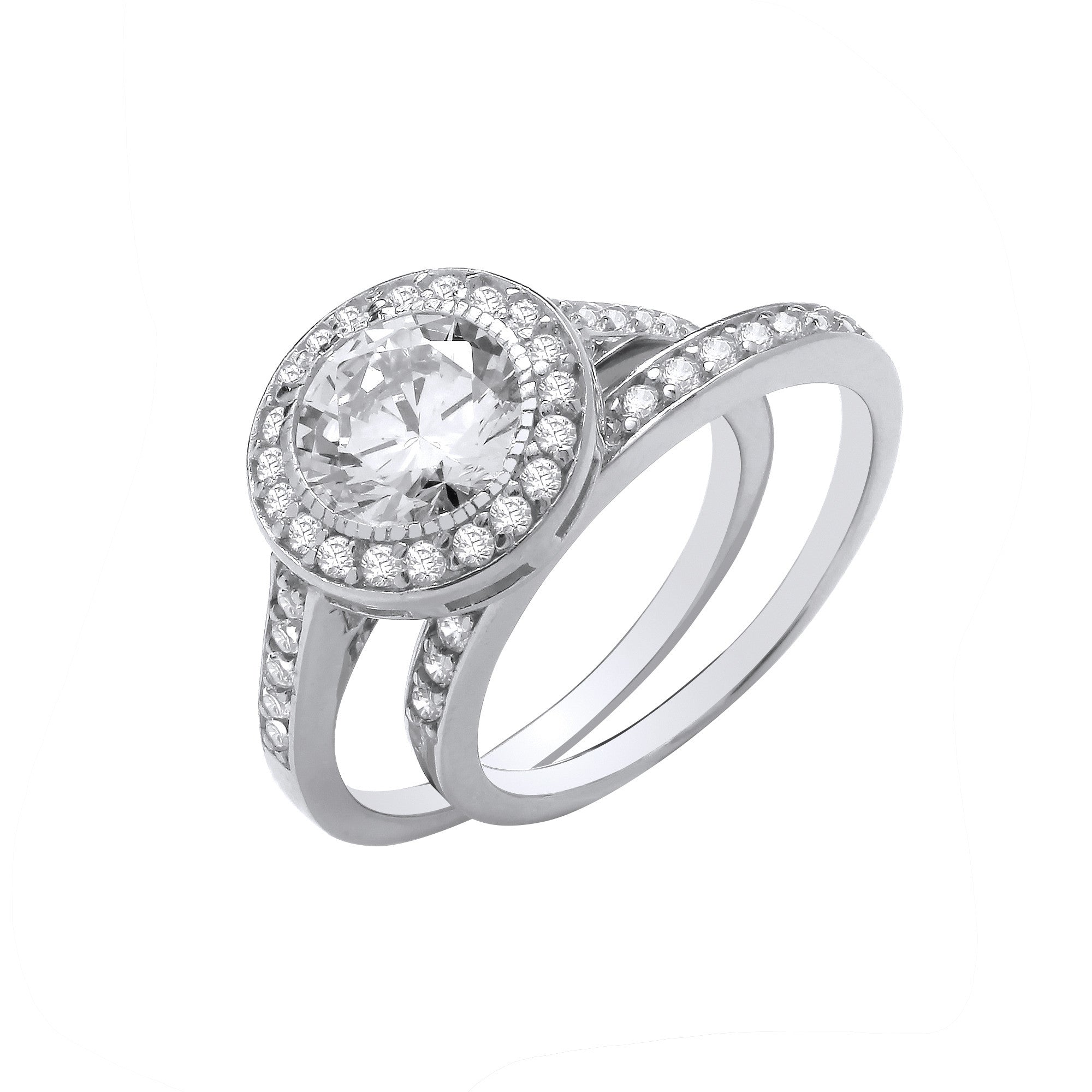 Sterling Silver Bridal Set Halo Cubic Zirconia Half Eternity Ring