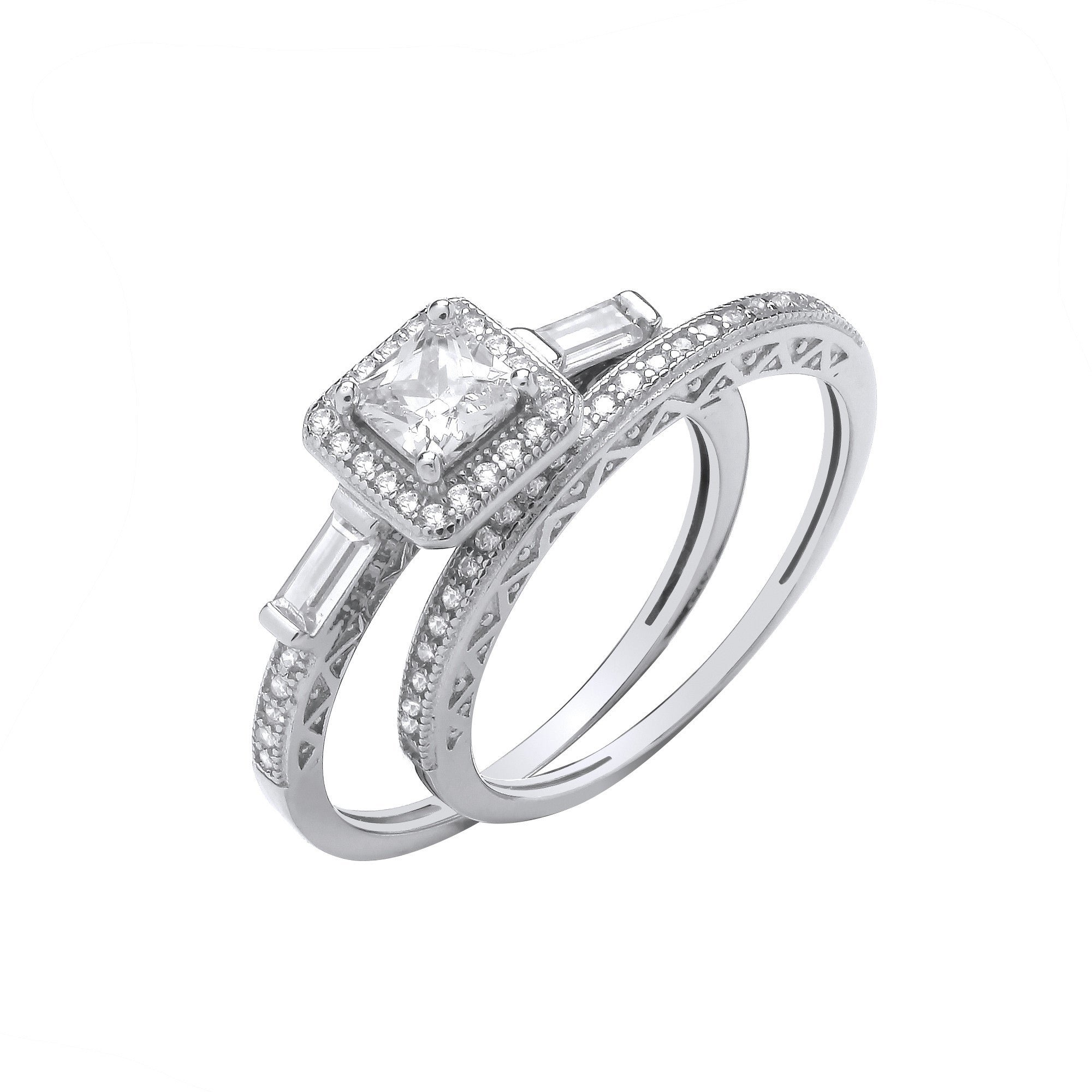 Sterling Silver Bridal Set Princess Cut & Baguette Cubic Zirconias Half Eternity Ring