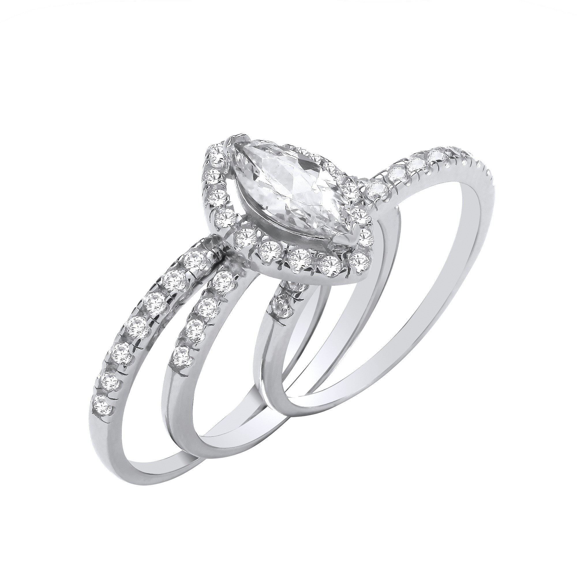 Sterling Silver Bridal Set Marquise Halo Cubic Zirconia Half Eternity 3 Ring