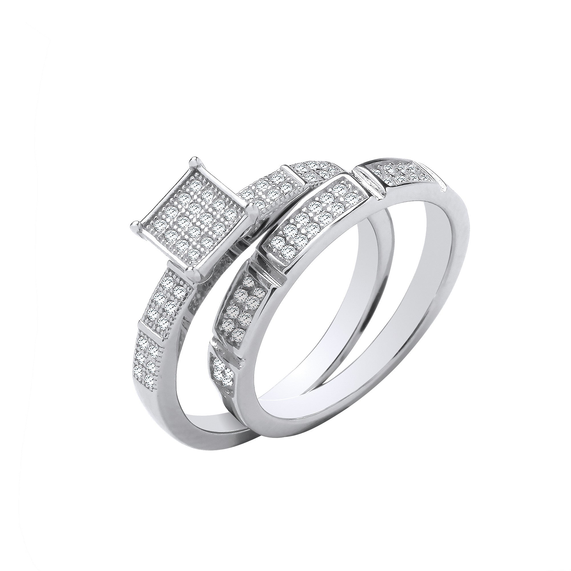 Sterling Silver Bridal Set Square Top Cubic Zirconia Half Eternity Ring