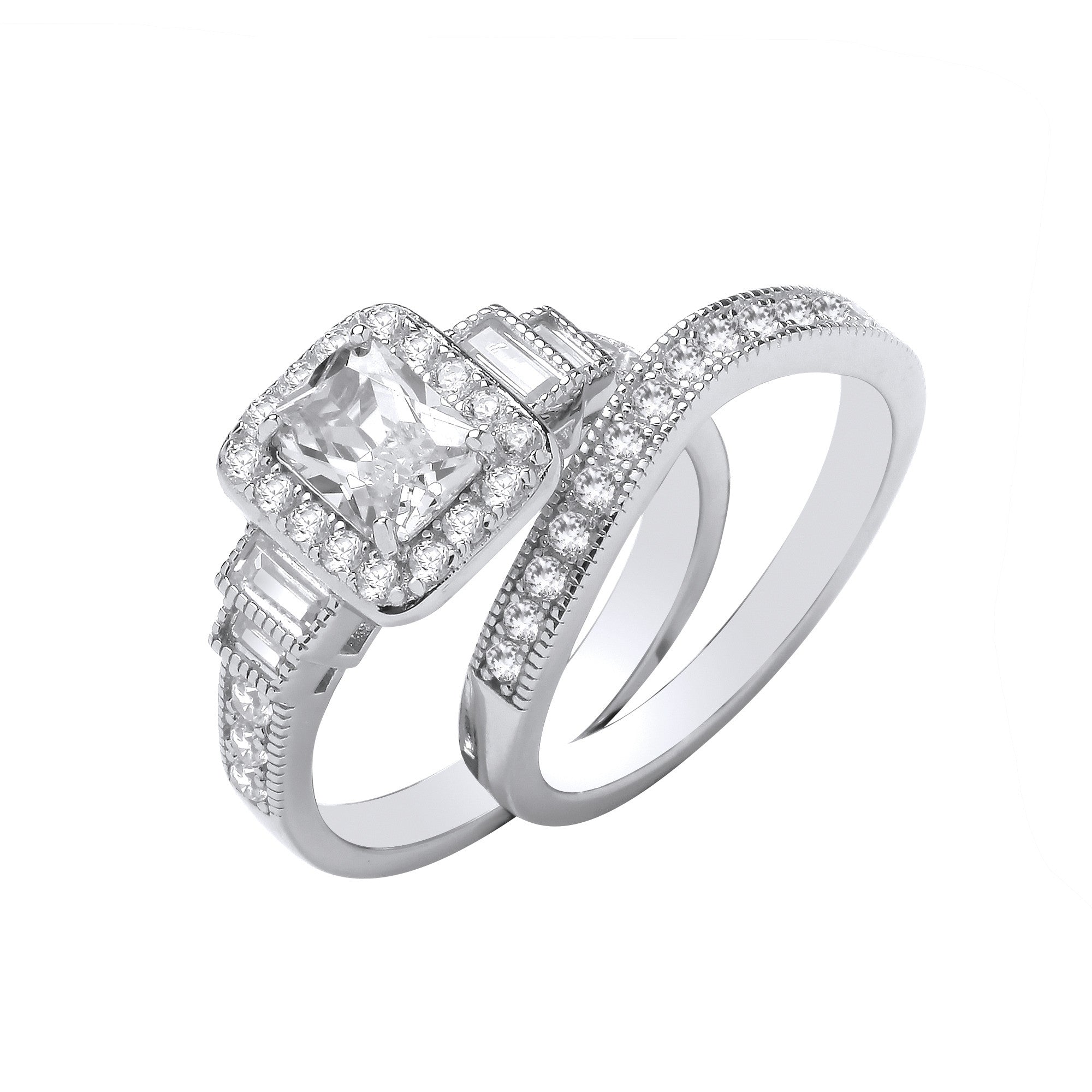 Sterling Silver Emerald Centre Cubic Zirconia Fancy Bridal Set Ring