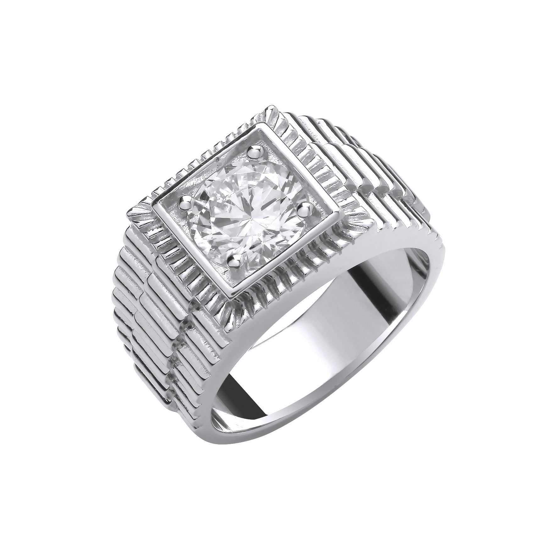 Sterling Silver Square Top with Round Cubic Zirconia Gents Ring