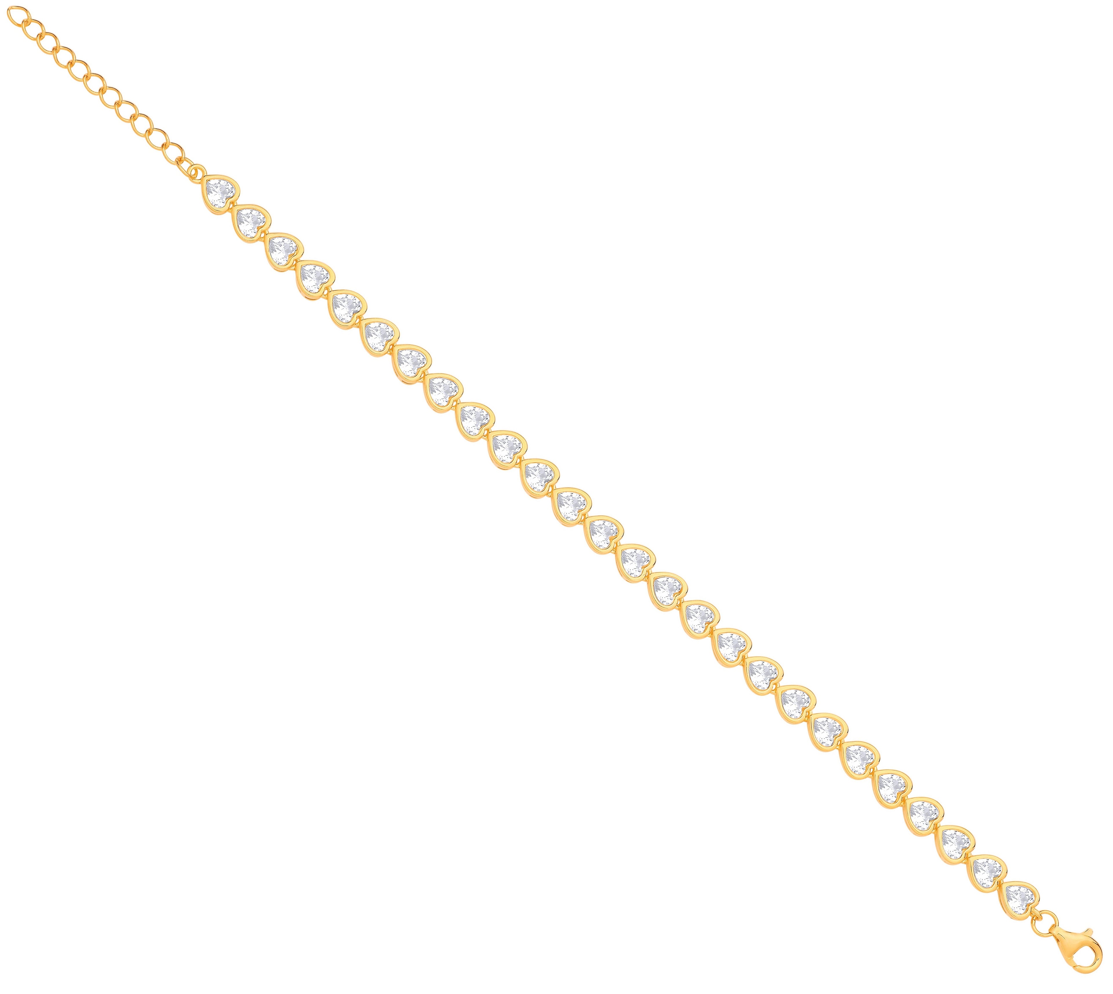Sterling Silver Yellow Gold Plated Heart Cubic Zirconia Rubover Tennis Bracelet