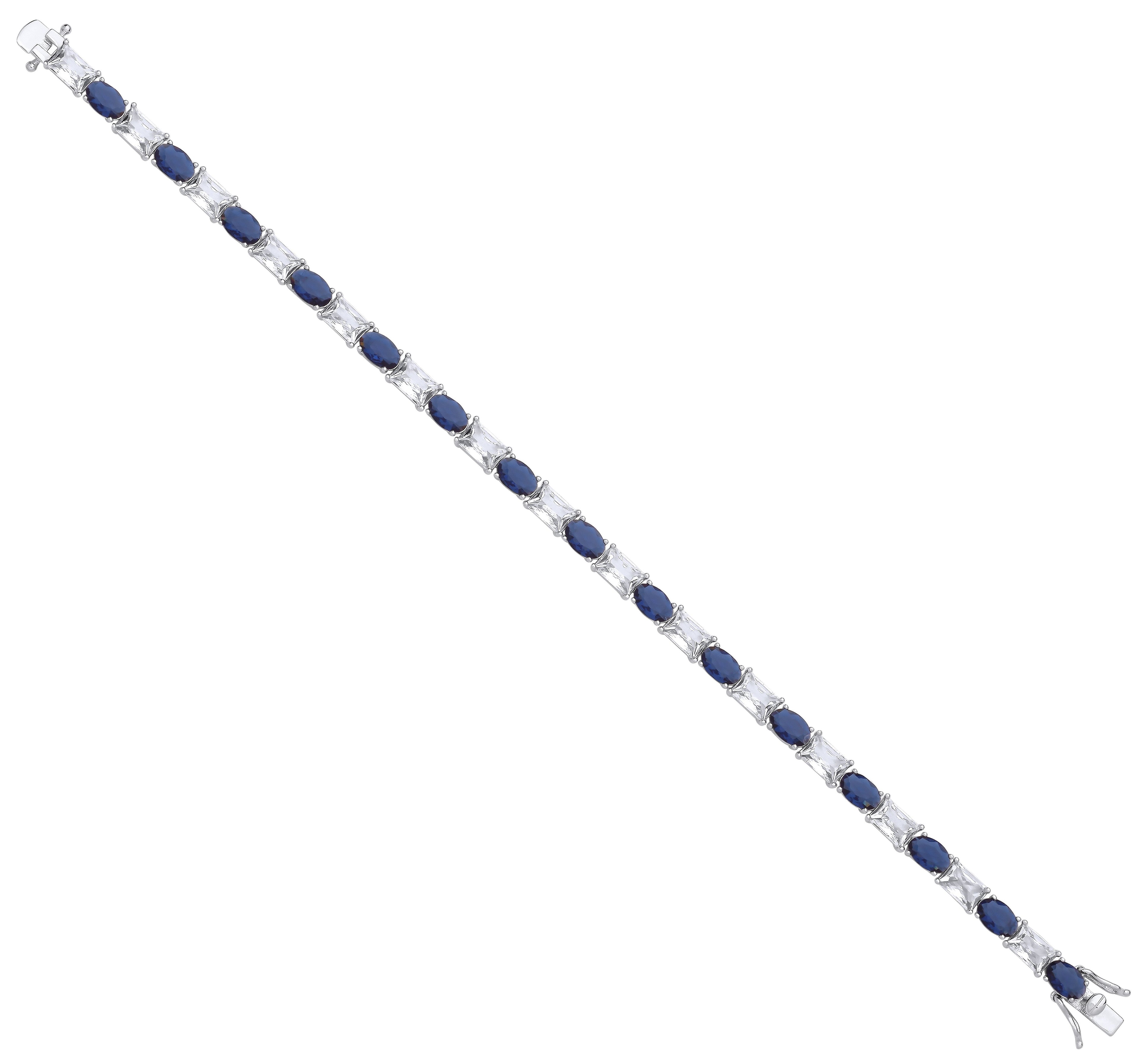 Sterling Silver Oval Sapphire Blue Glass & Clear Emerald Cubic Zirconias Tennis Bracelet