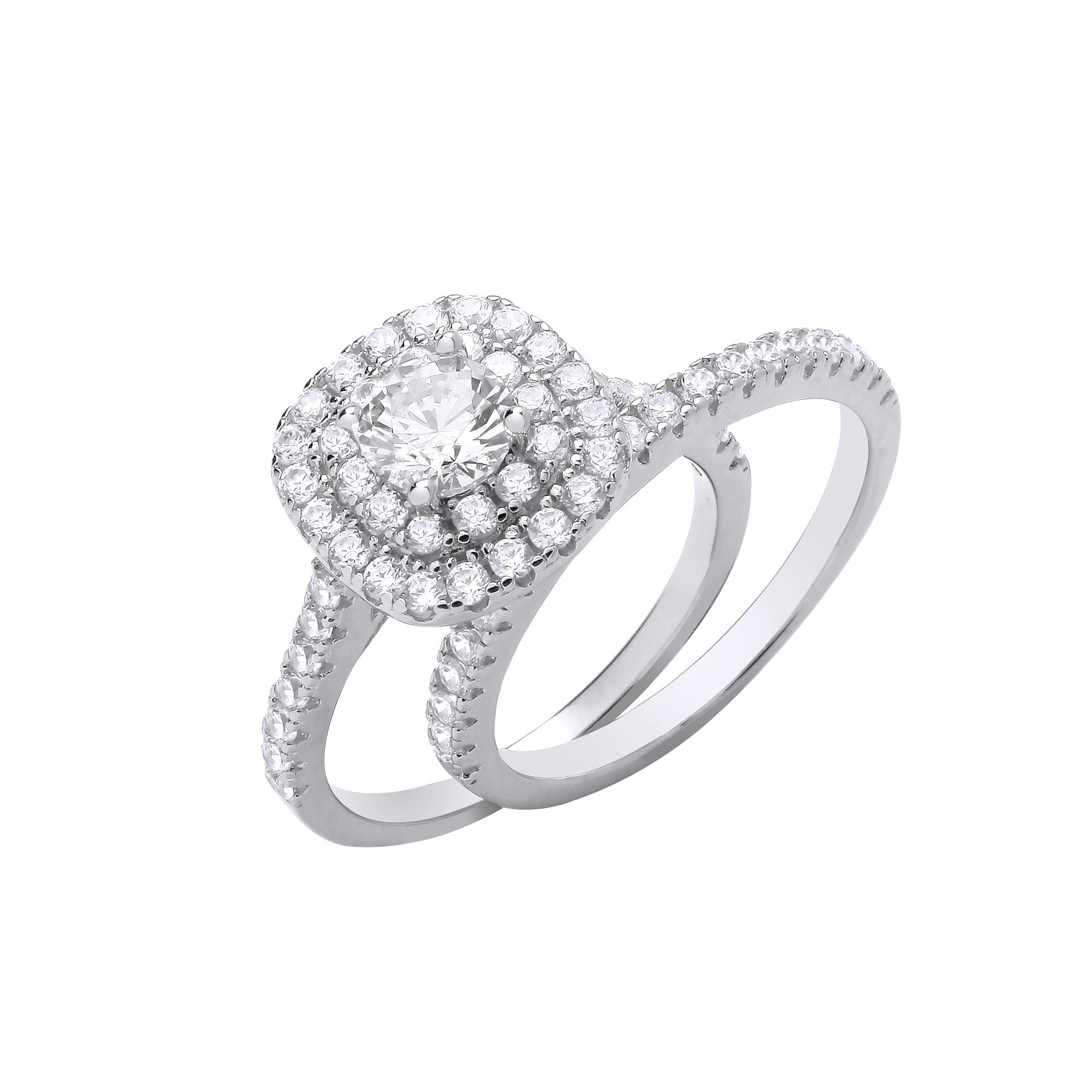 Sterling Silver Bridal Cushion Style Set Round Cubic Zirconia Centre