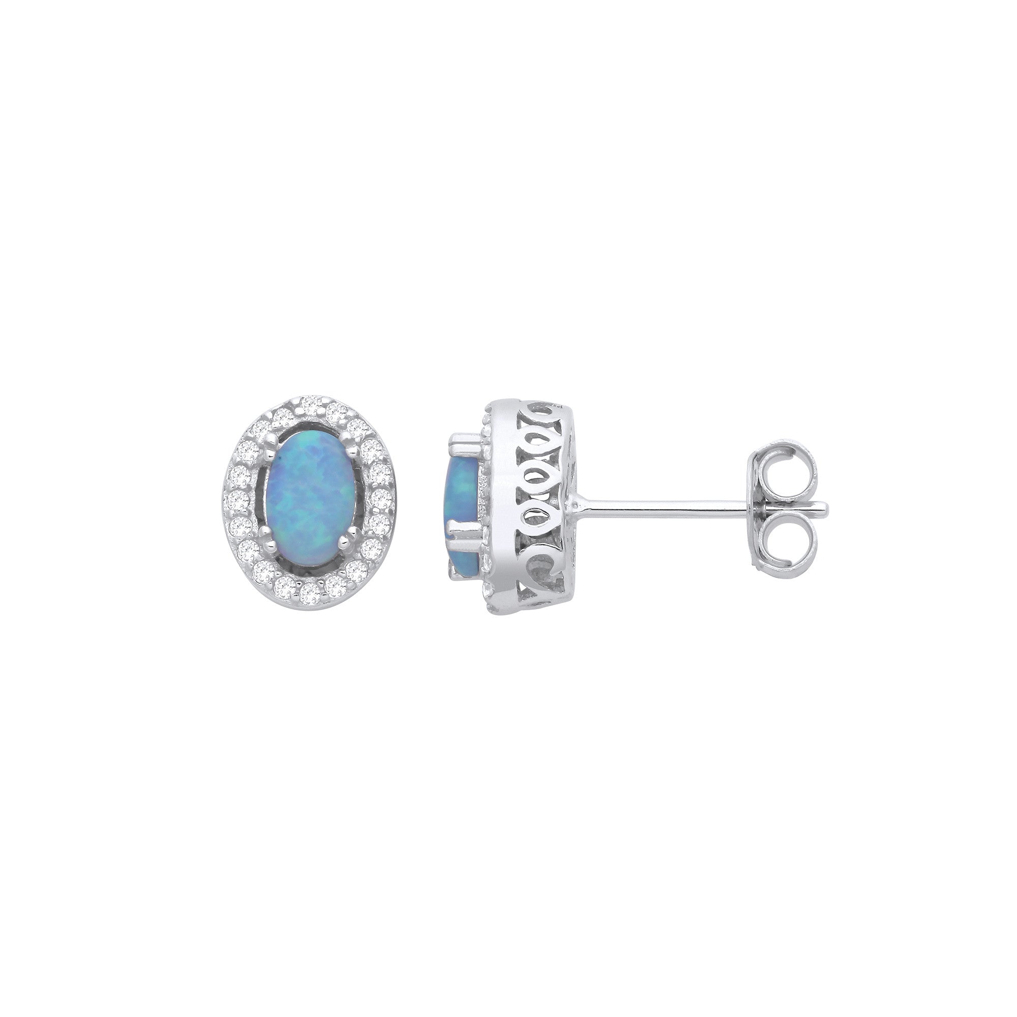 Sterling Silver Blue Opal Halo Oval Stud Earrings