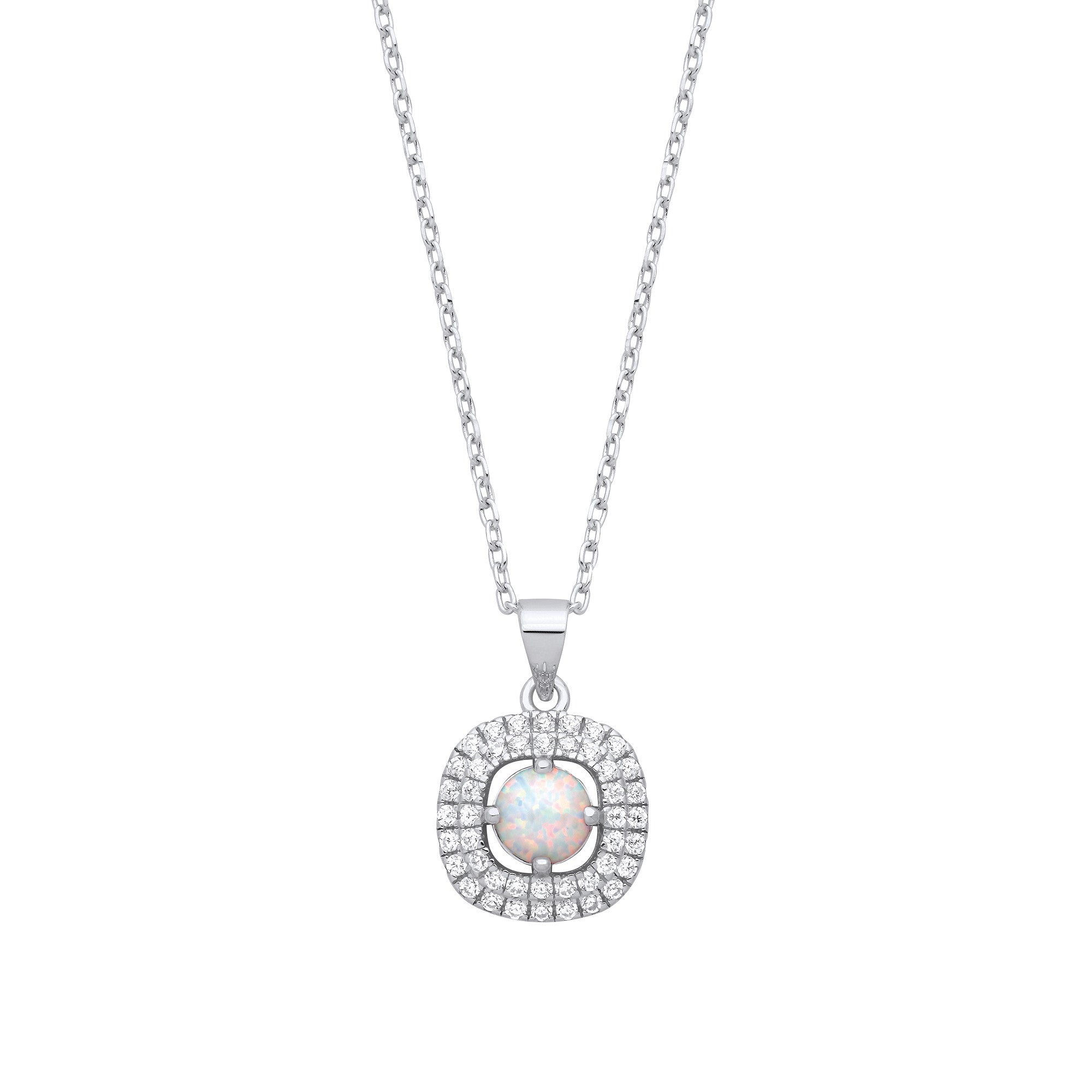 Sterling Silver Opal Halo Style Pendant with Chain