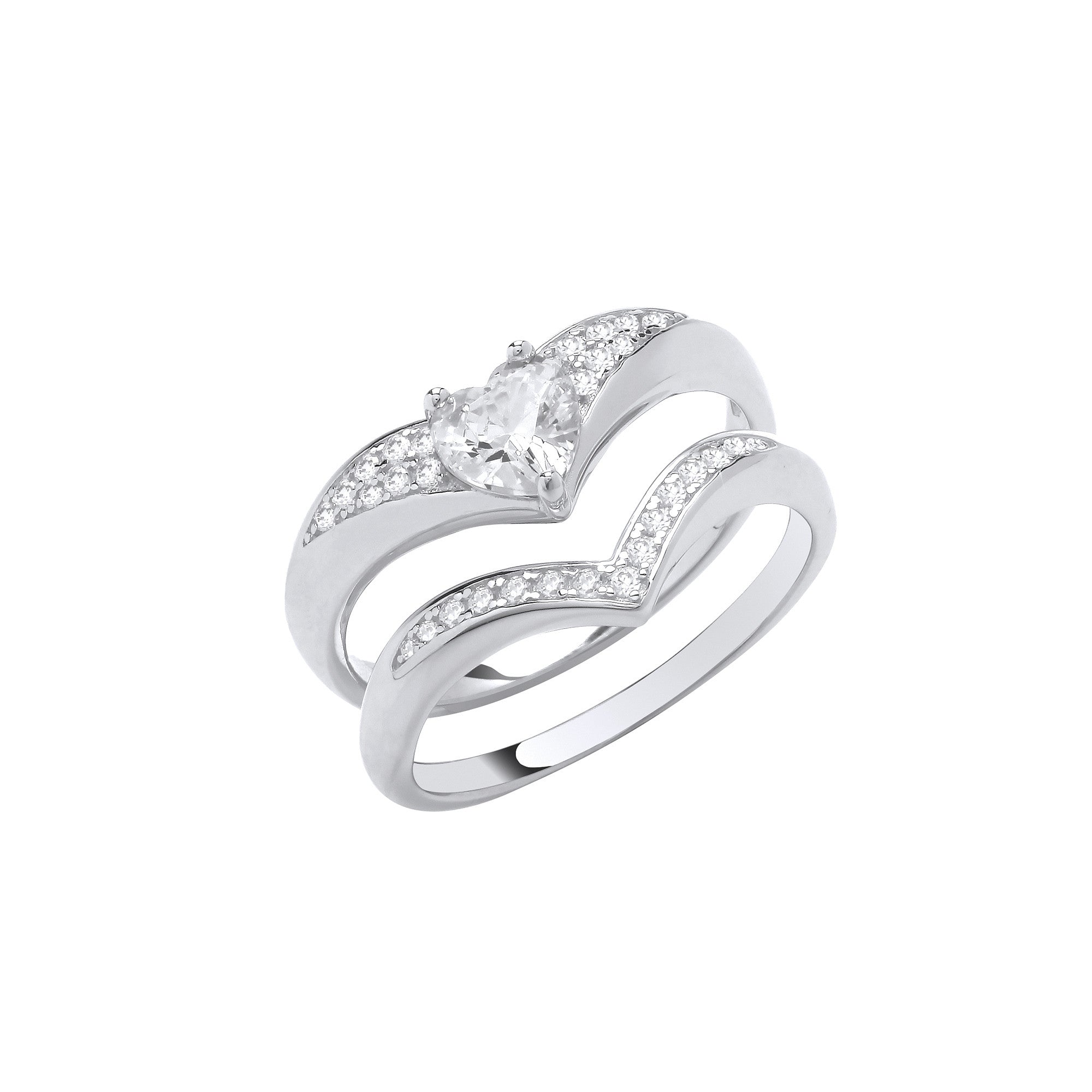 Sterling Silver Bridal Set Heart Cubic Zirconia Wishbone Ring