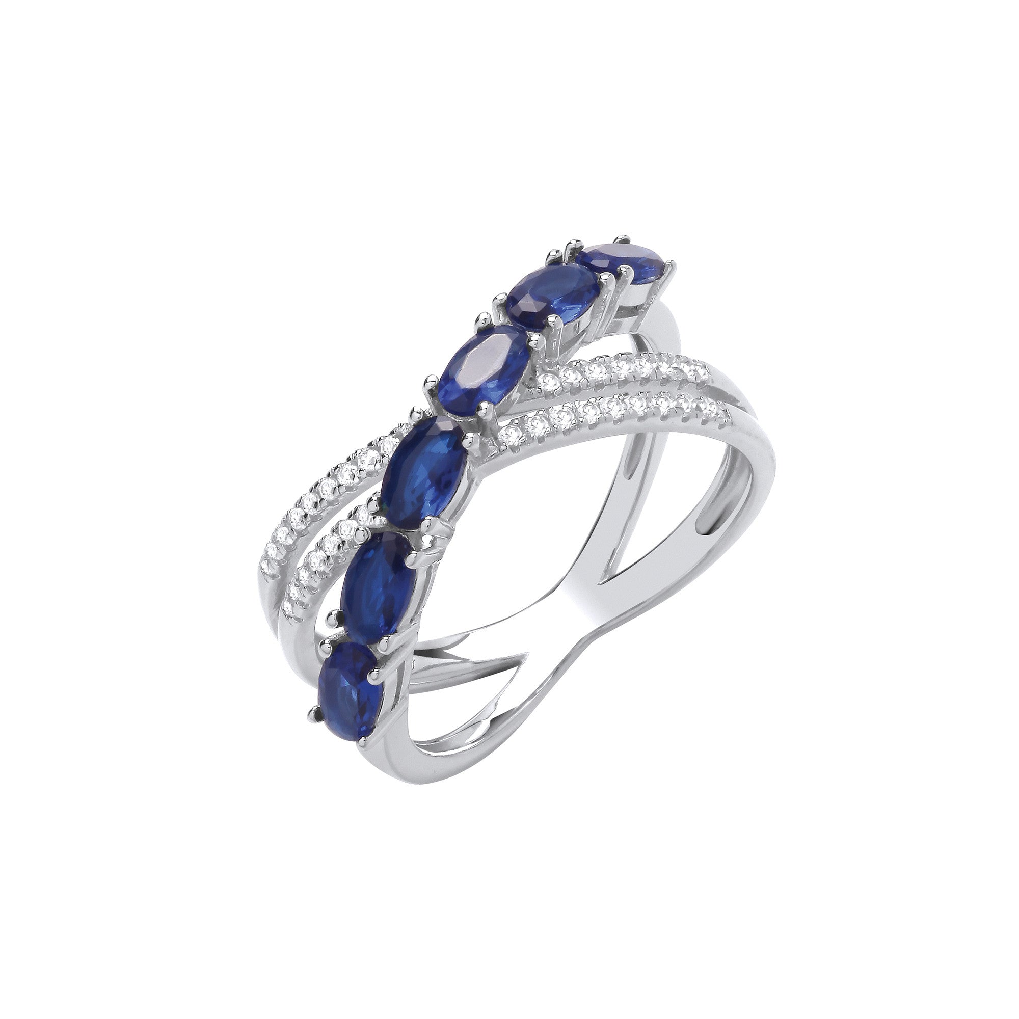 Sterling Silver Cross Over Clear & Blue Cubic Zirconias Ring