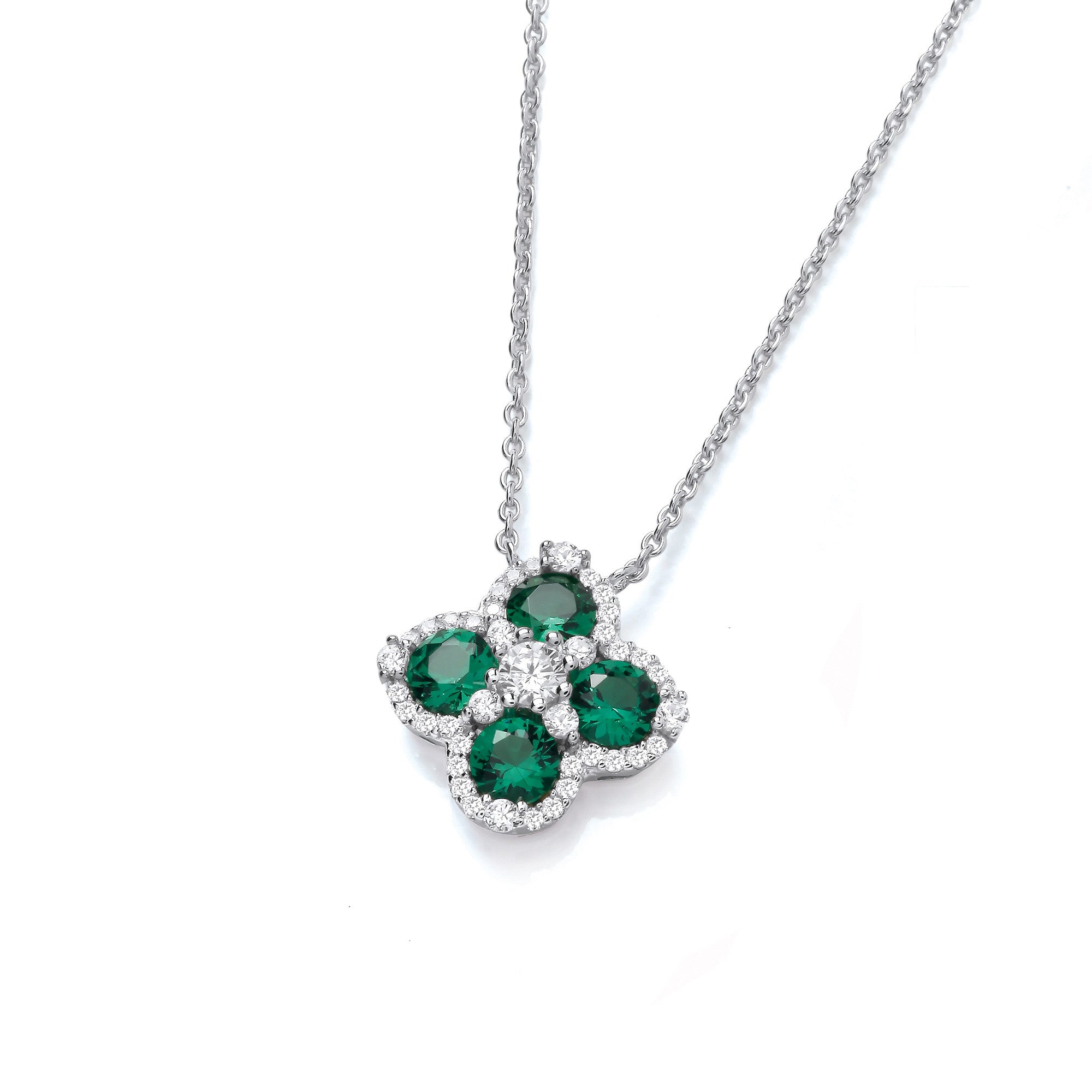 Green Four Leaf Clover Cubic Zirconia Sterling Silver Necklace