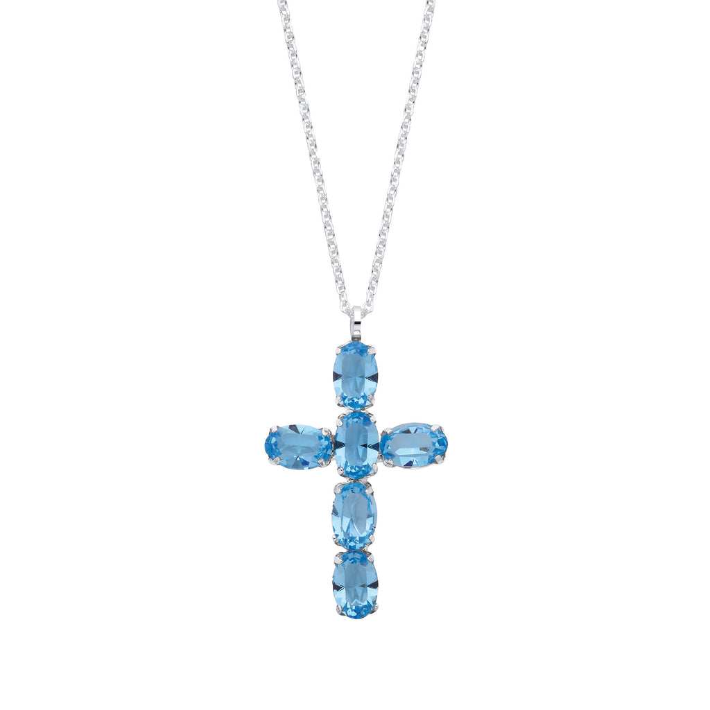 Sterling Silver Blue Crystal Cross Pendant on Chain
