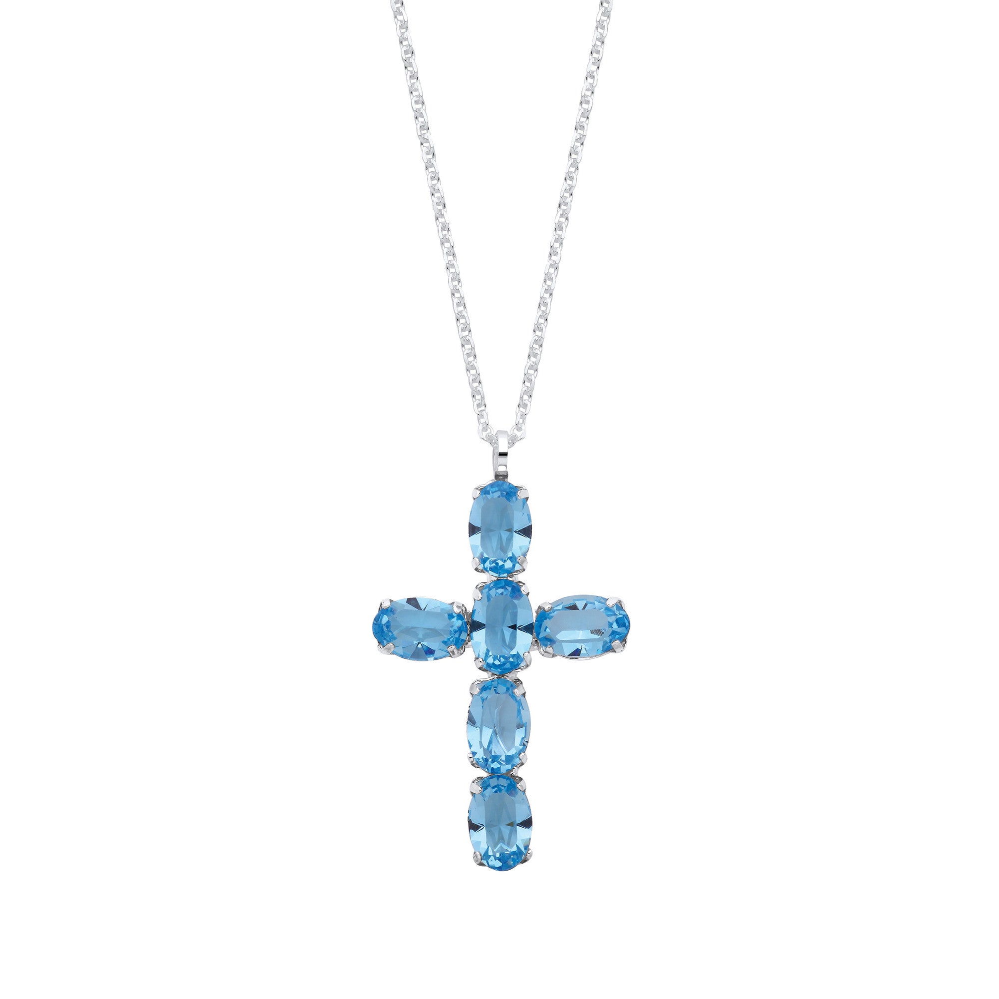 Sterling Silver Blue Crystal Cross Pendant on Chain