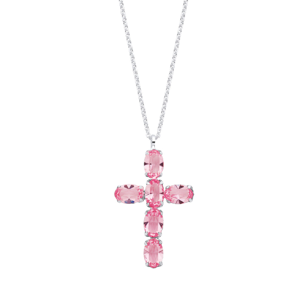 Sterling Silver Pink Crystal Cross Pendant on Chain