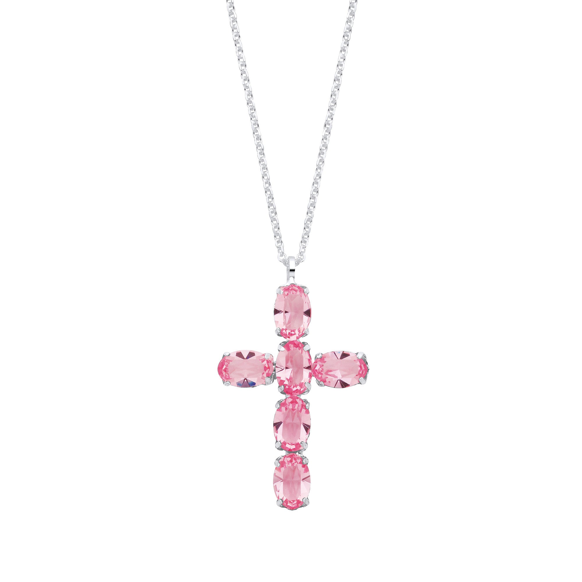 Sterling Silver Pink Crystal Cross Pendant on Chain