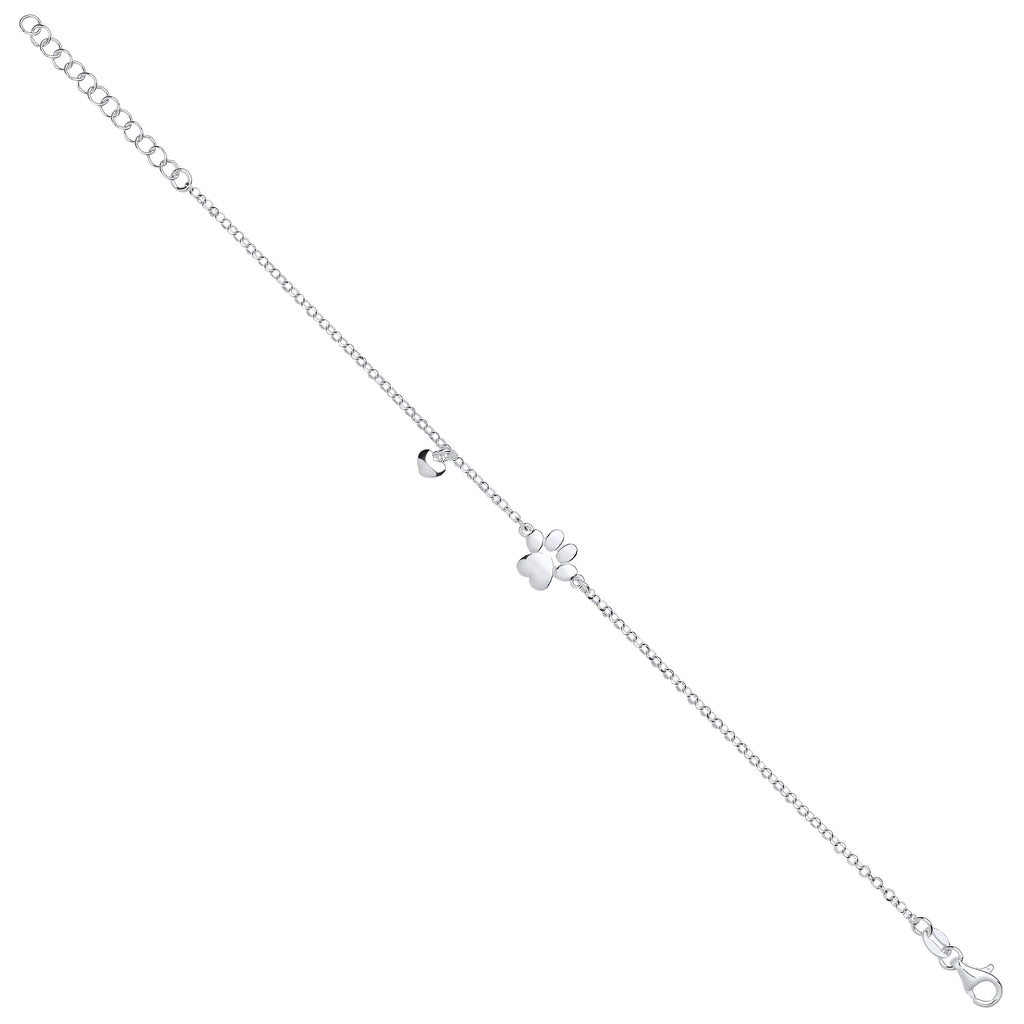 Sterling Silver Dog/Cat Paw & Heart Bracelet