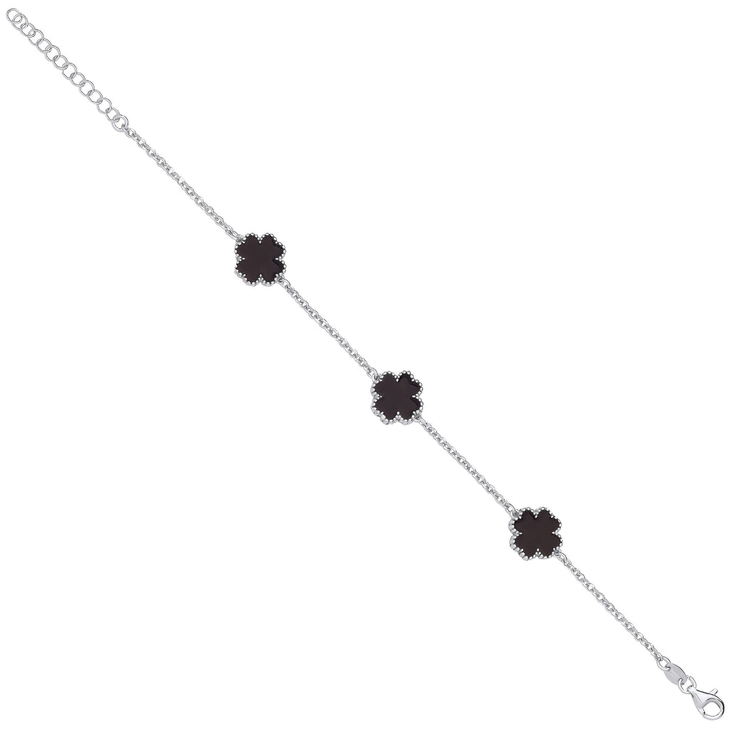 Sterling Silver Black Enamel Four Leaf Clover Bracelet 7"