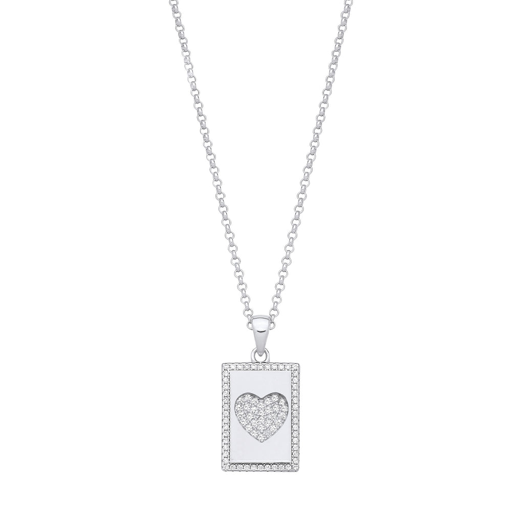 Sterling Silver Dog Tag Cubic Zirconias Heart Pendant on Chain