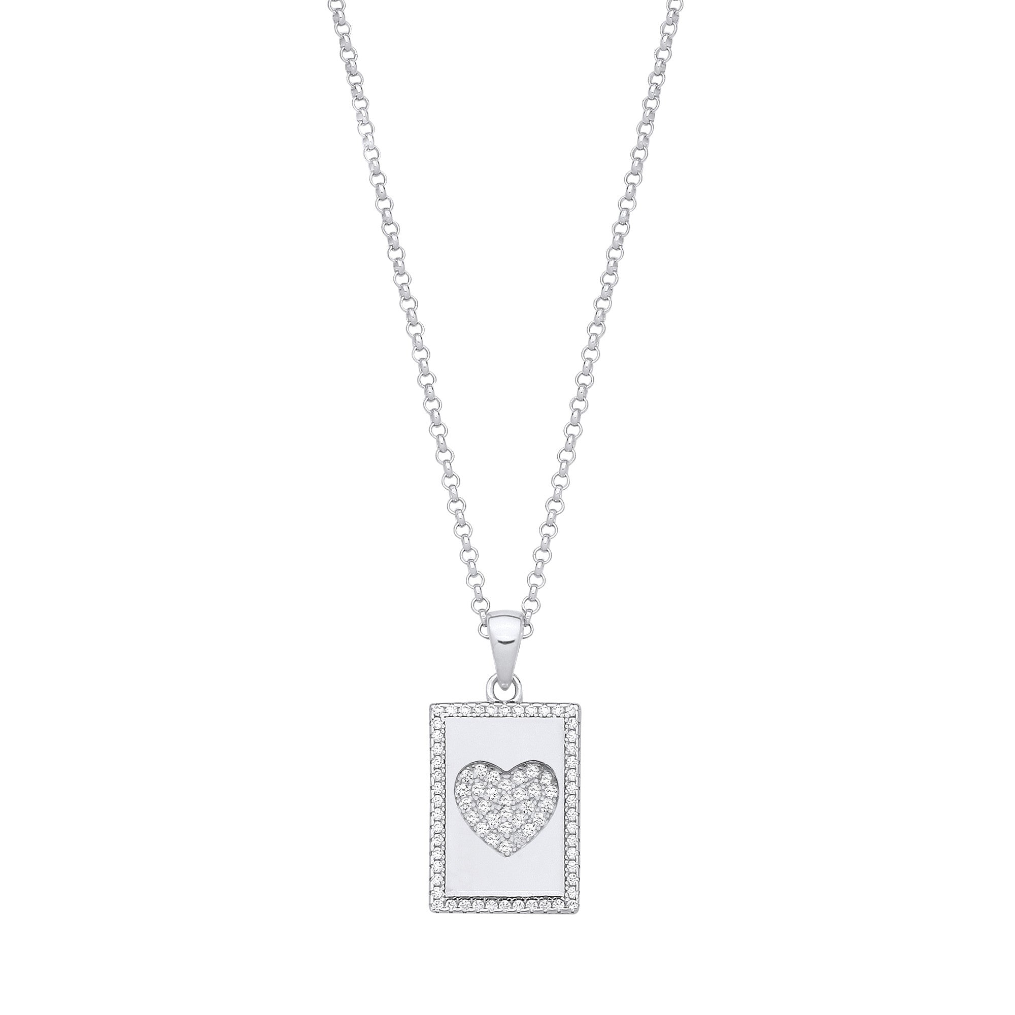 Sterling Silver Dog Tag Cubic Zirconias Heart Pendant on Chain