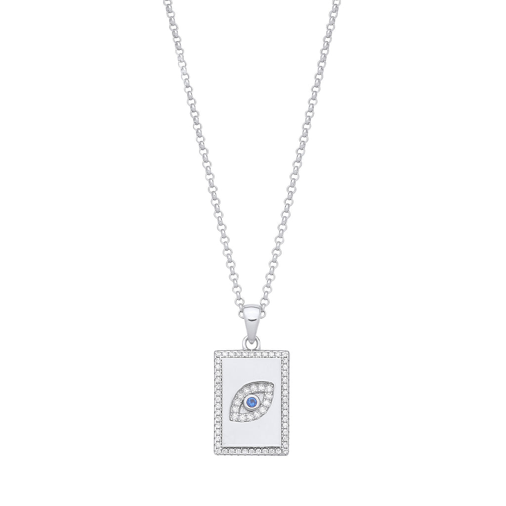 Sterling Silver Dog Tag Cubic Zirconias Evil Eye Pendant on Chain