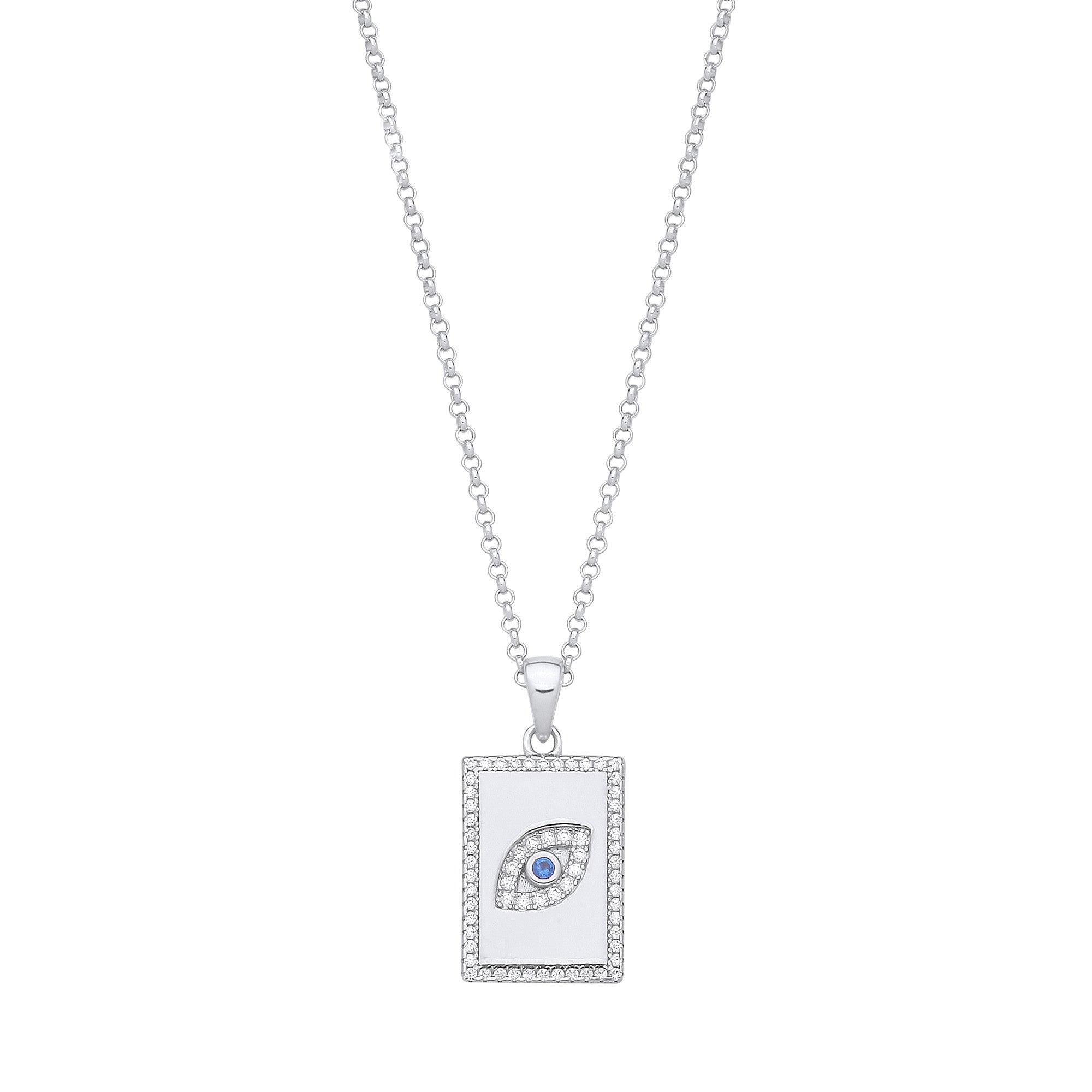 Sterling Silver Dog Tag Cubic Zirconias Evil Eye Pendant on Chain