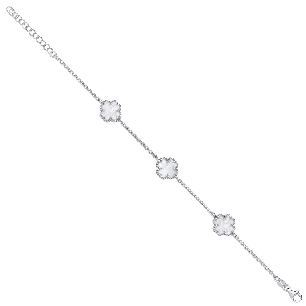 Sterling Silver White Enamel Four Leaf Clover Bracelet