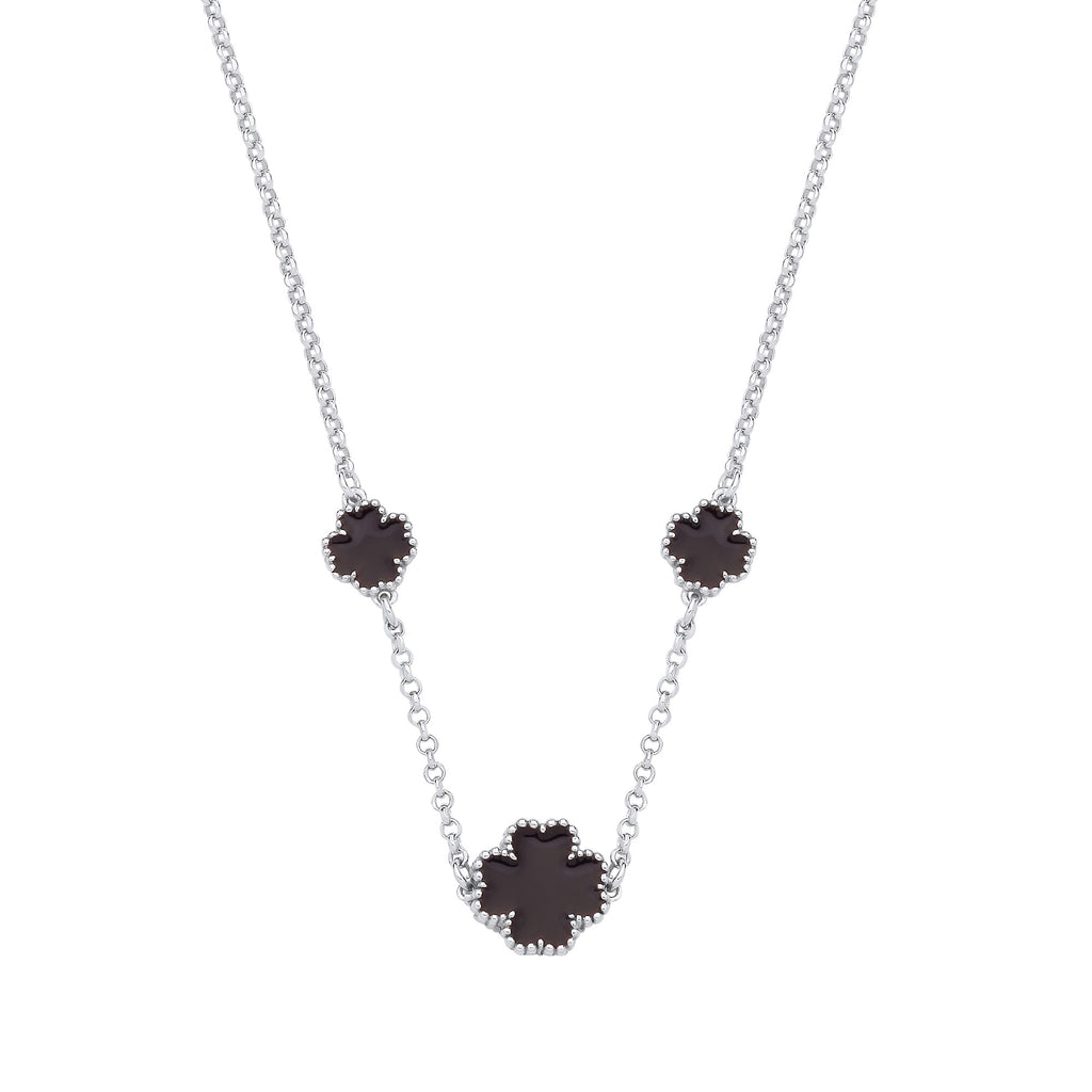 Sterling Silver Black Enamel Four Leaf Clover Necklace