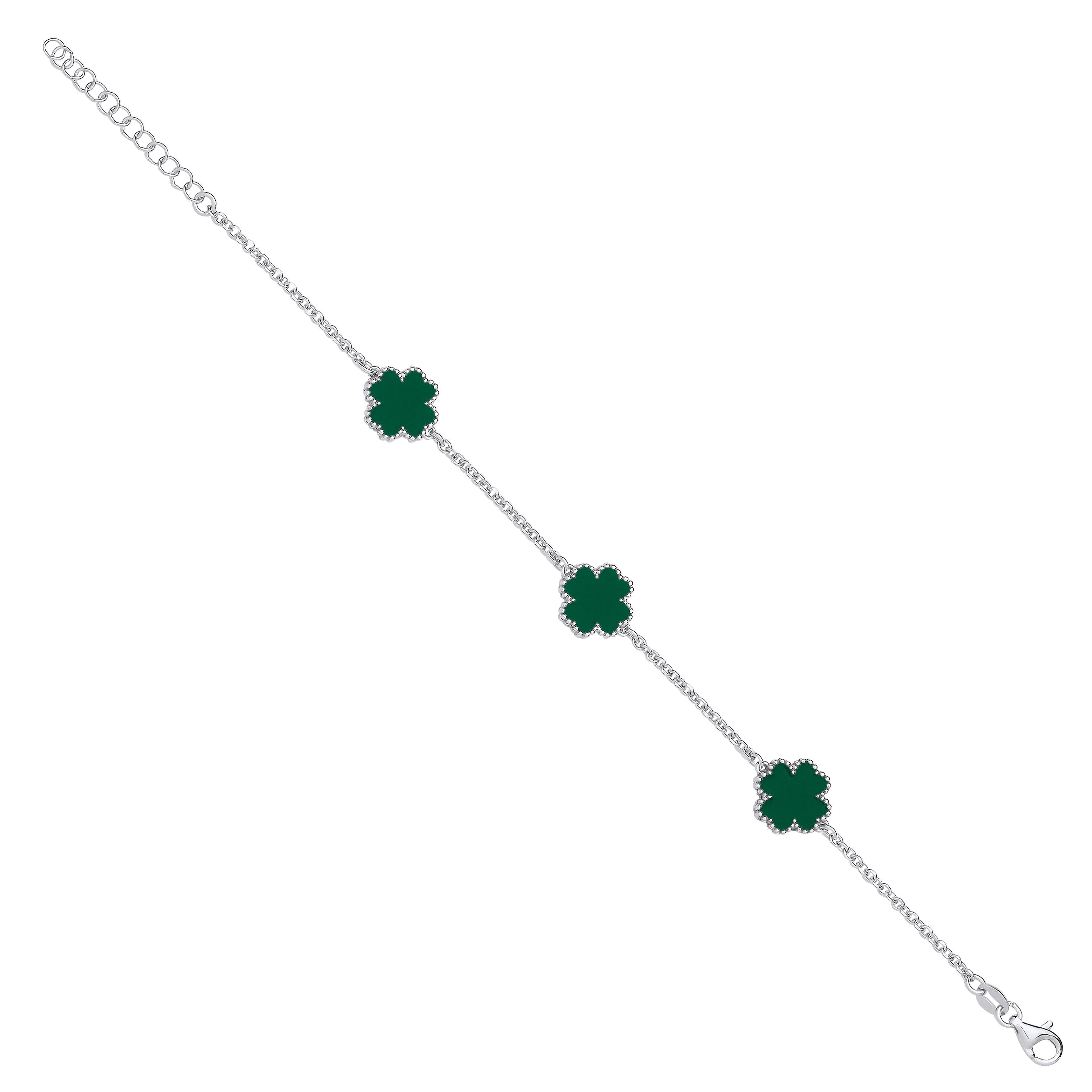 "Sterling Silver Green Enamel Four Leaf Clover Bracelet