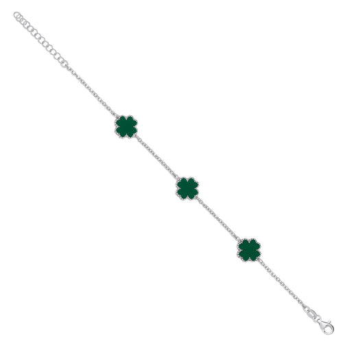 "Sterling Silver Green Enamel Four Leaf Clover Bracelet