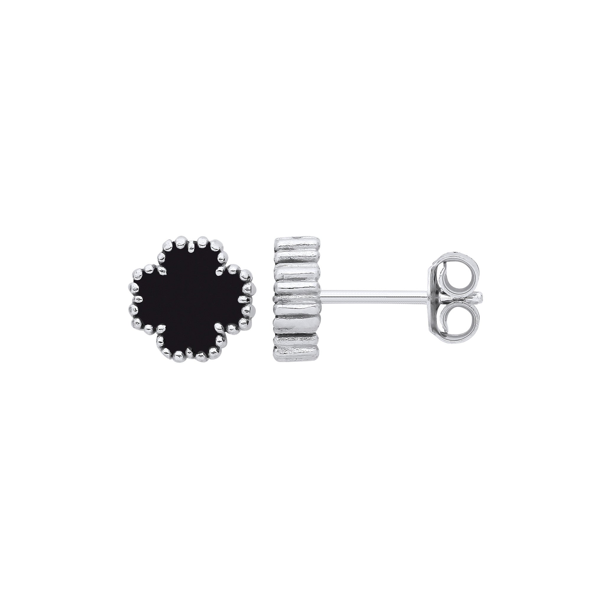 Sterling Silver Black Enamel Four Leaf Clover Studs
