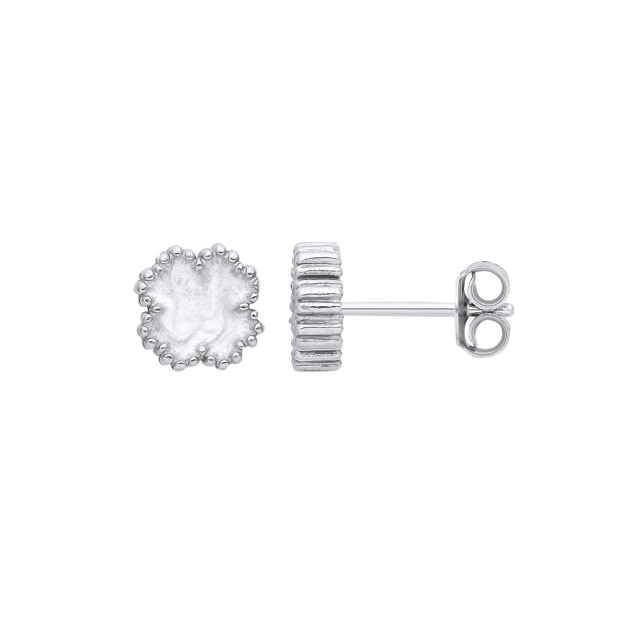 Sterling Silver White Enamel Four Leaf Clover Studs