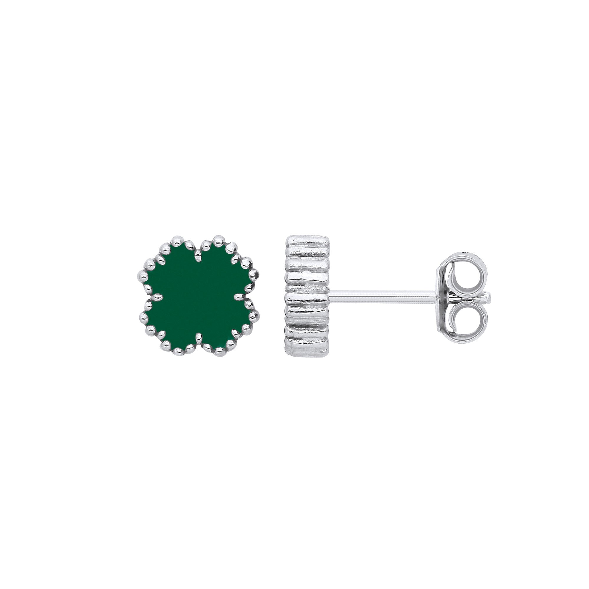 Sterling Silver Green Enamel Four Leaf Clover Studs