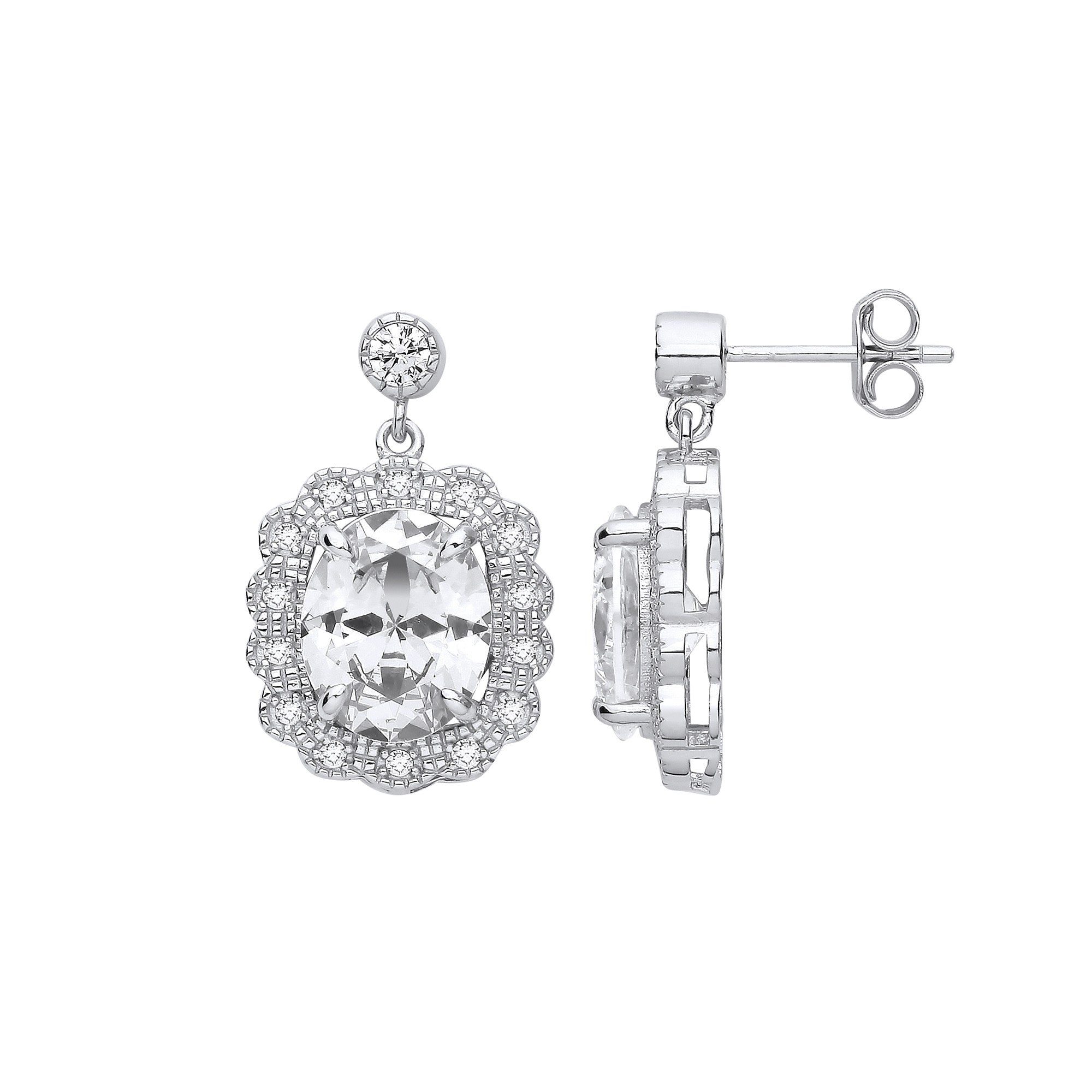 Sterling Silver Halo Drop Cubic Zirconia Earrings