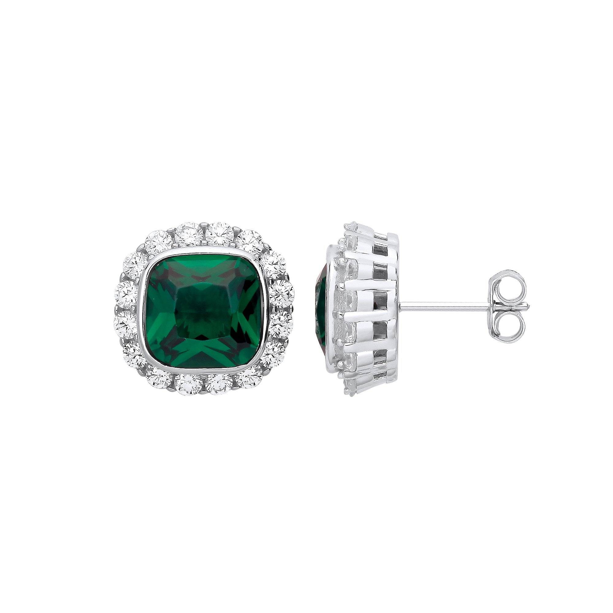 Sterling Silver Green Cubic Zirconia Halo Stud Earrings