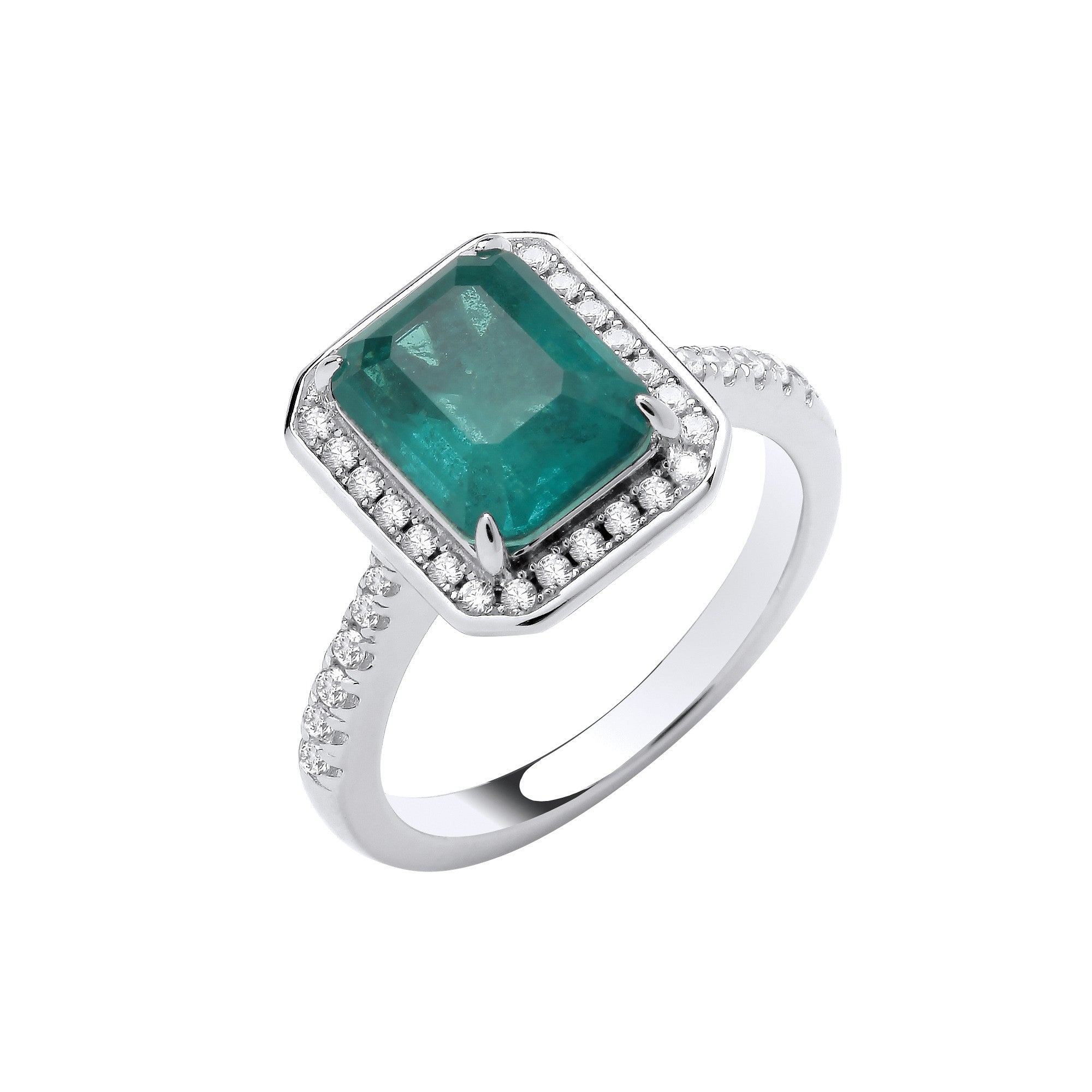 Sterling Silver Cubic Zirconias & Green Fusion Stone Centre in Emerald Cut Ring