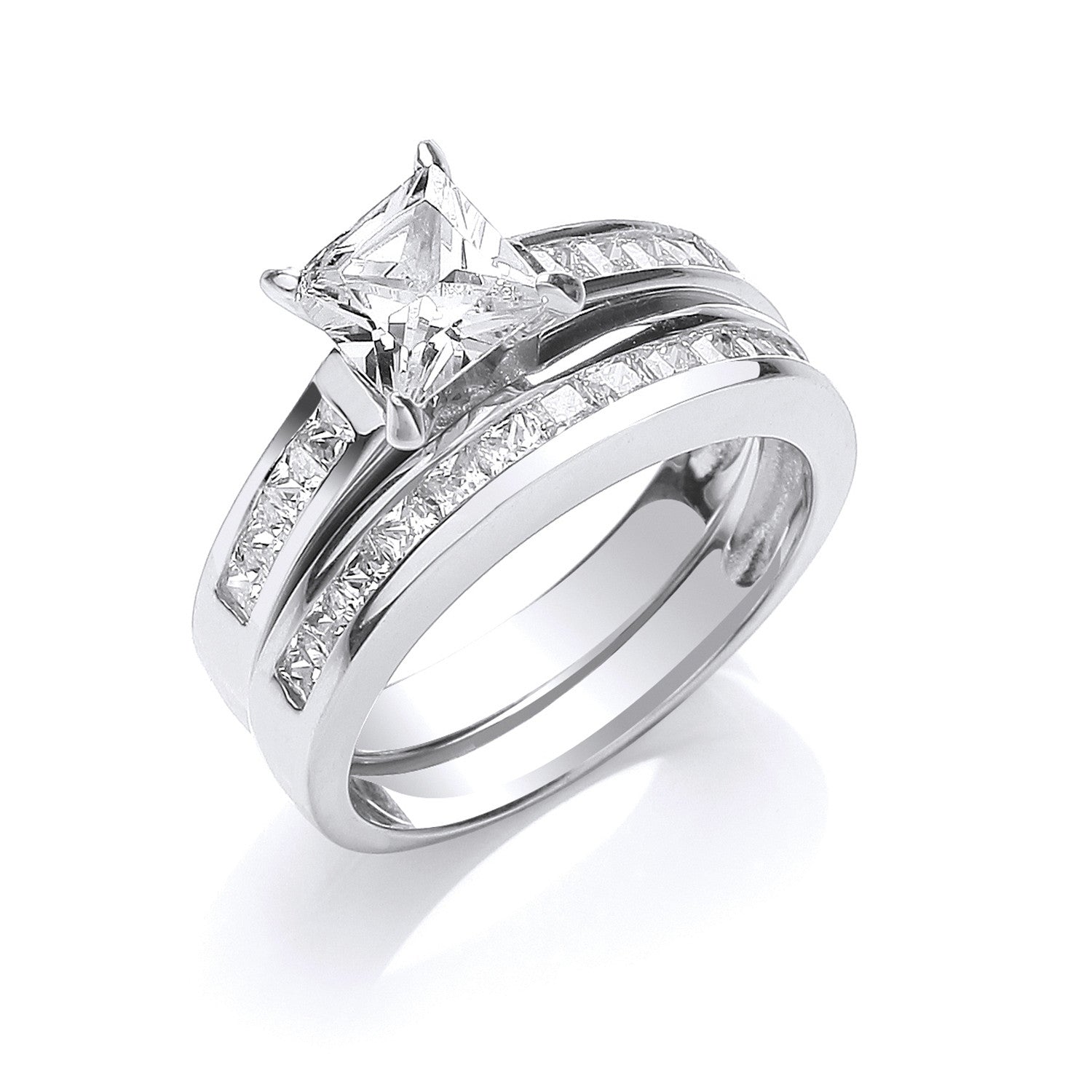 Sterling Silver Bridal Set Cubic Zirconia Princess Cut Ring