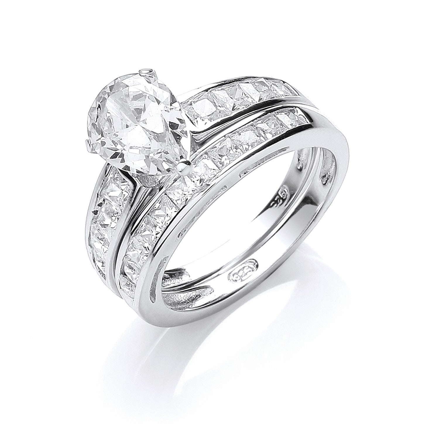 Sterling Silver Bridal Set, Pear Cubic Zirconia Centre Ring
