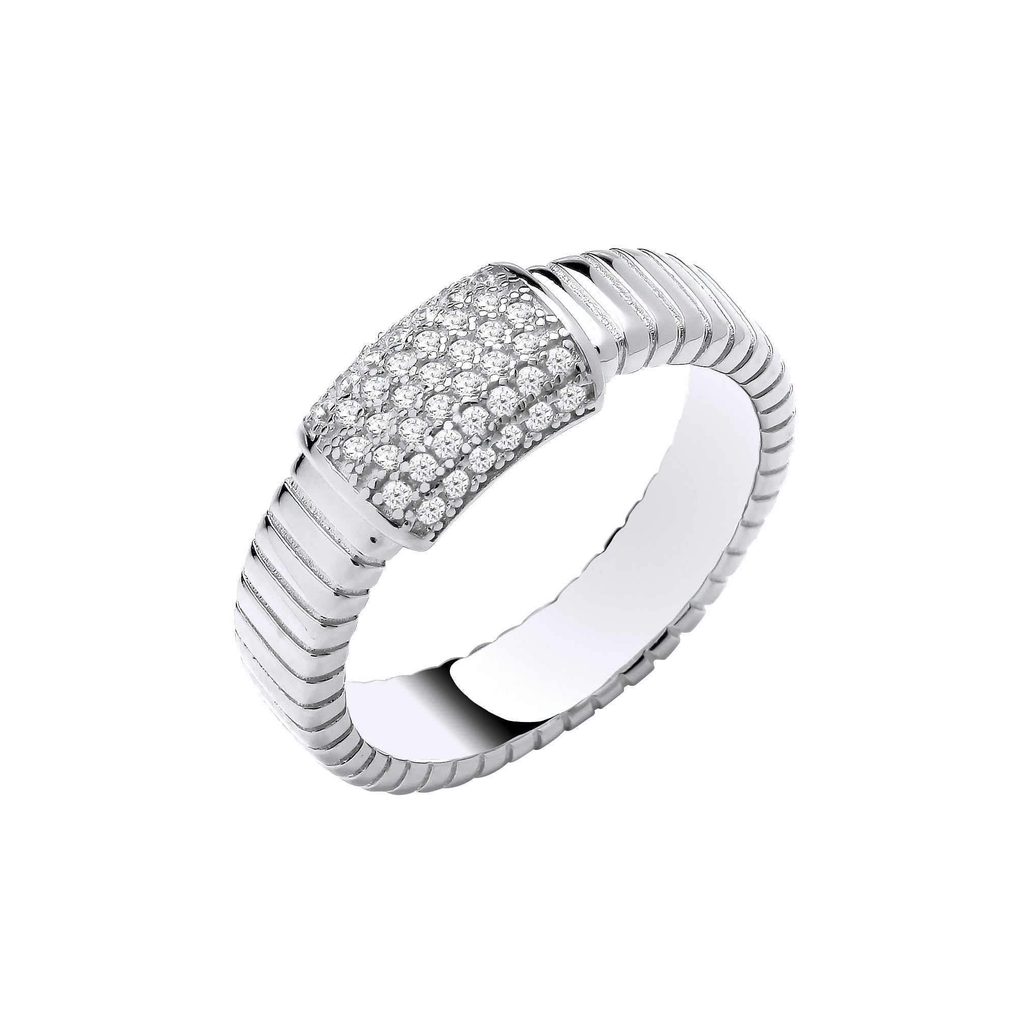Sterling Silver Ribbed Link with Cubic Zirconia ID Plate Ring