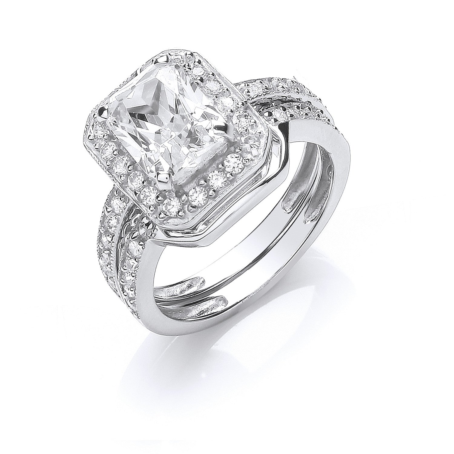 Sterling Silver Bridal Set Cubic Zirconia Emerald Cut Centre Ring