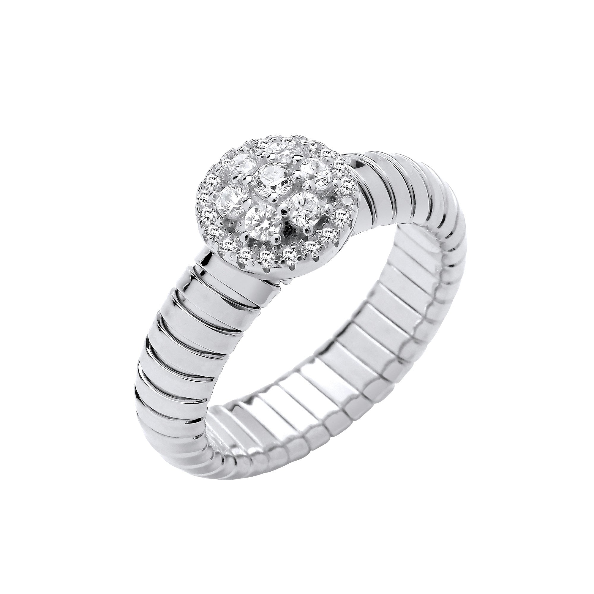 Sterling Silver Ribbed Link Cubic Zirconia Cluster Ring