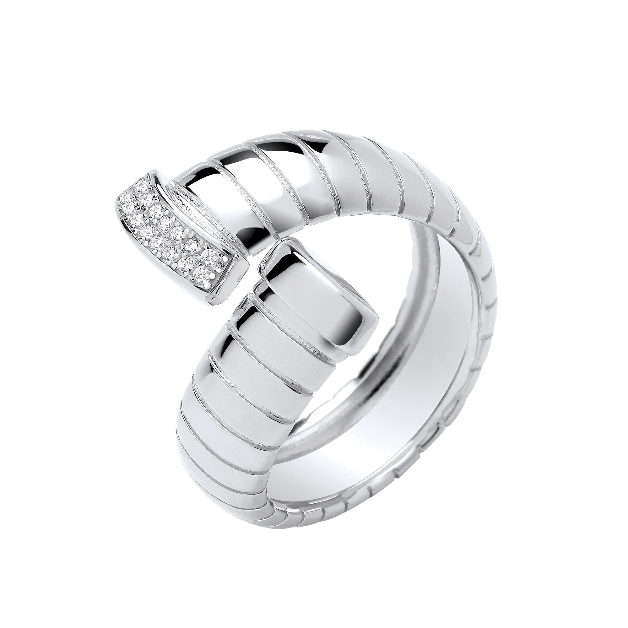 Sterling Silver Ribbed Cross-Over Cubic Zirconia Ring