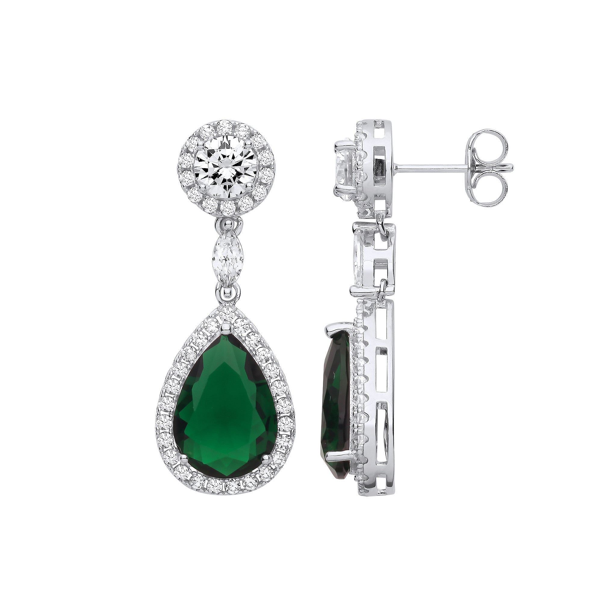 Sterling Silver Green Cubic Zirconia Pear Drop Earrings